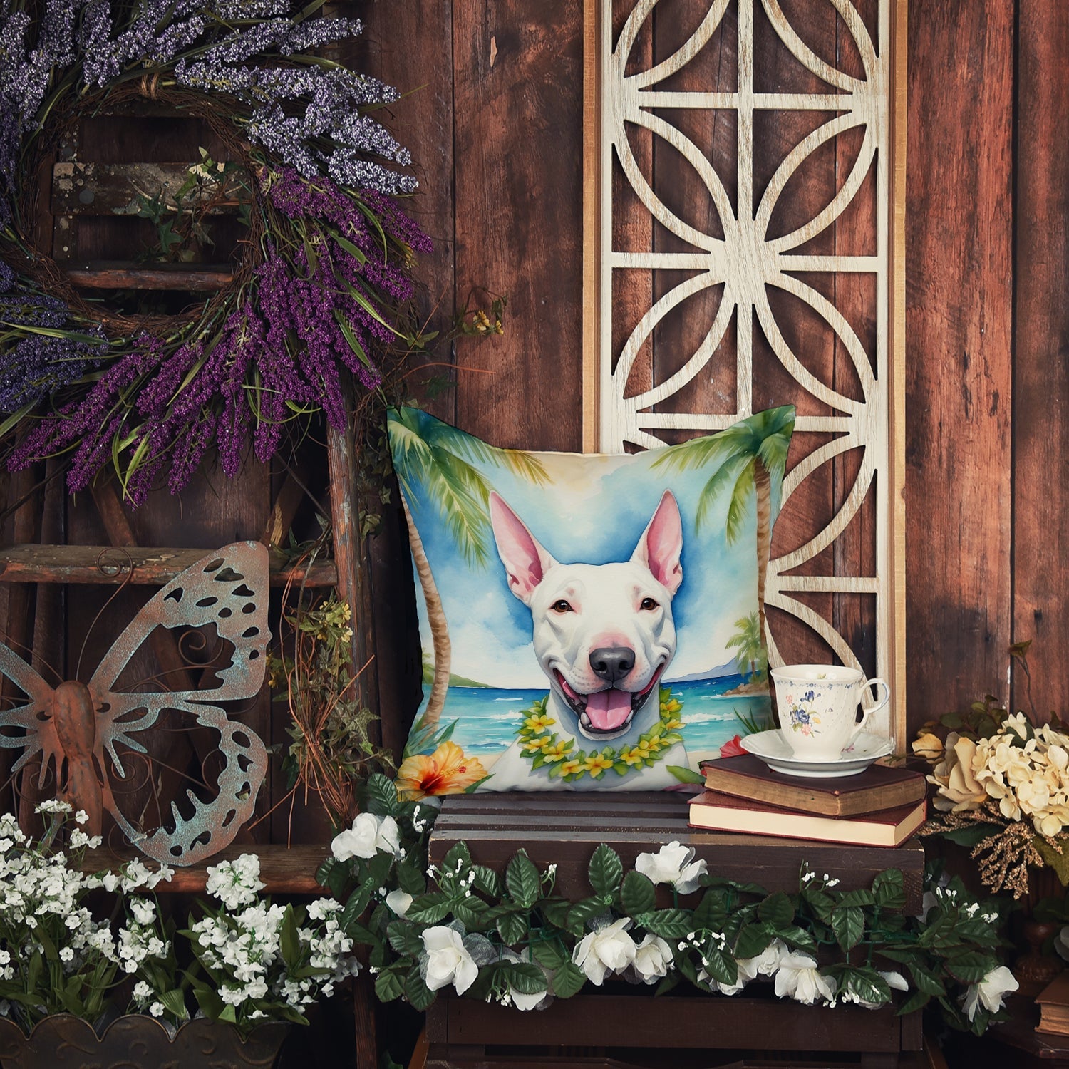 Bull Terrier Luau Decorative Throw Pillow 18x18 Indoor Outdoor Accent Cushion, Fabric Cover with Insert for Sofa, Bed, Porch & Living Room