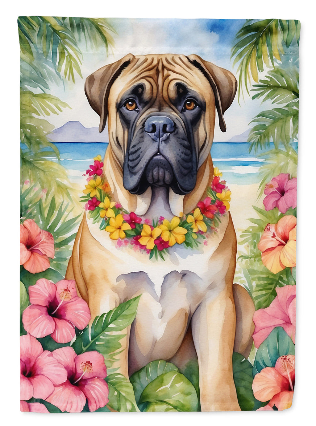 Bullmastiff Luau House Flag 28x40 Porch Sleeve Pole Decorative Outside Yard Banner Artwork Wall Hanging, Polyester
