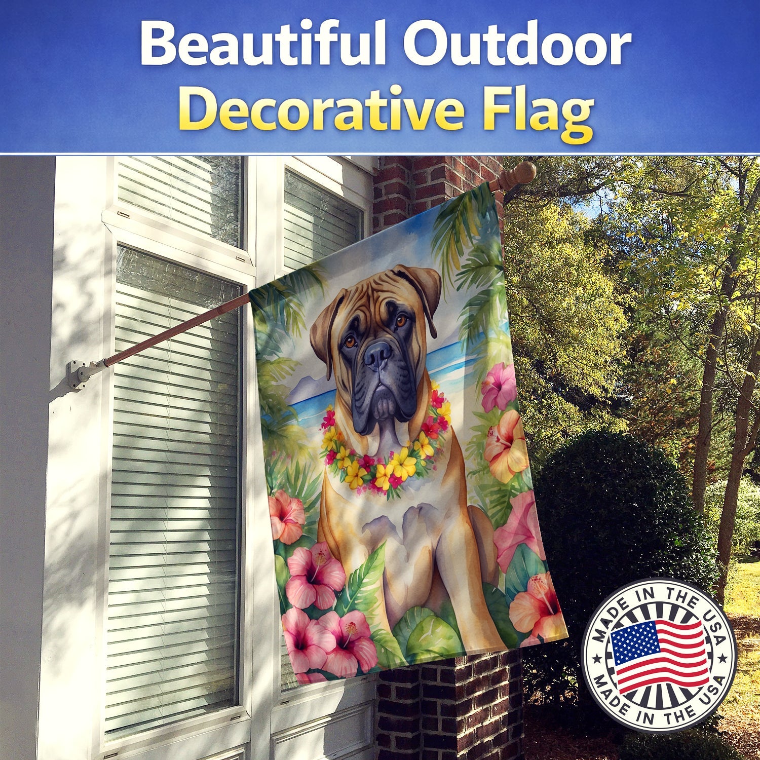 Bullmastiff Luau House Flag 28x40 Porch Sleeve Pole Decorative Outside Yard Banner Artwork Wall Hanging, Polyester