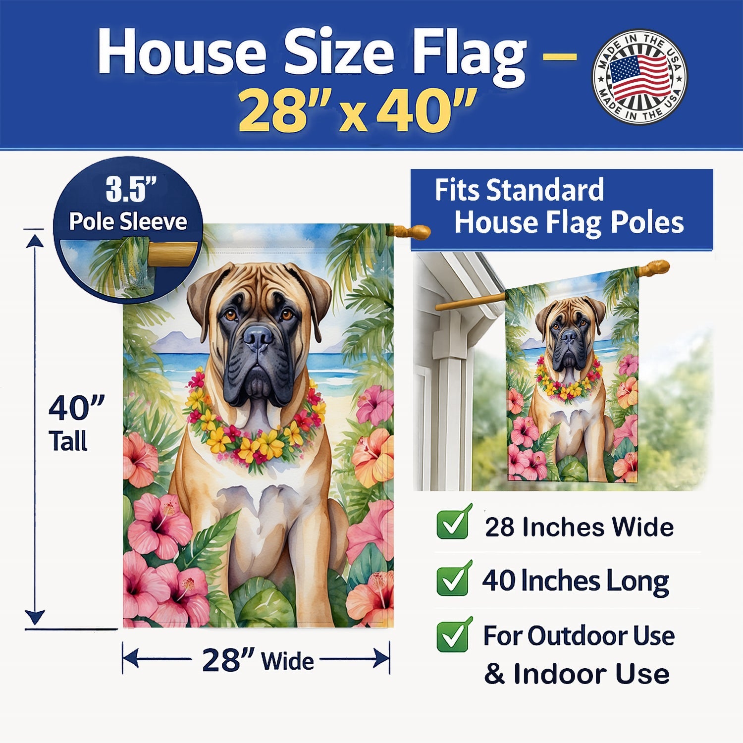Bullmastiff Luau House Flag 28x40 Porch Sleeve Pole Decorative Outside Yard Banner Artwork Wall Hanging, Polyester