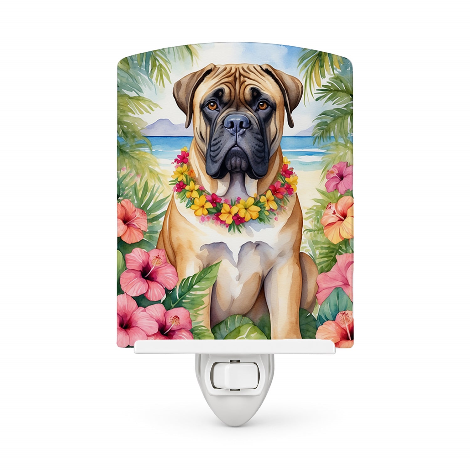 Bullmastiff Luau Ceramic Night Light Compact, UL-Certified, Ideal for Bedroom, Bathroom, Nursery, Hallway, Kitchen, 6x4x3, Multicolor