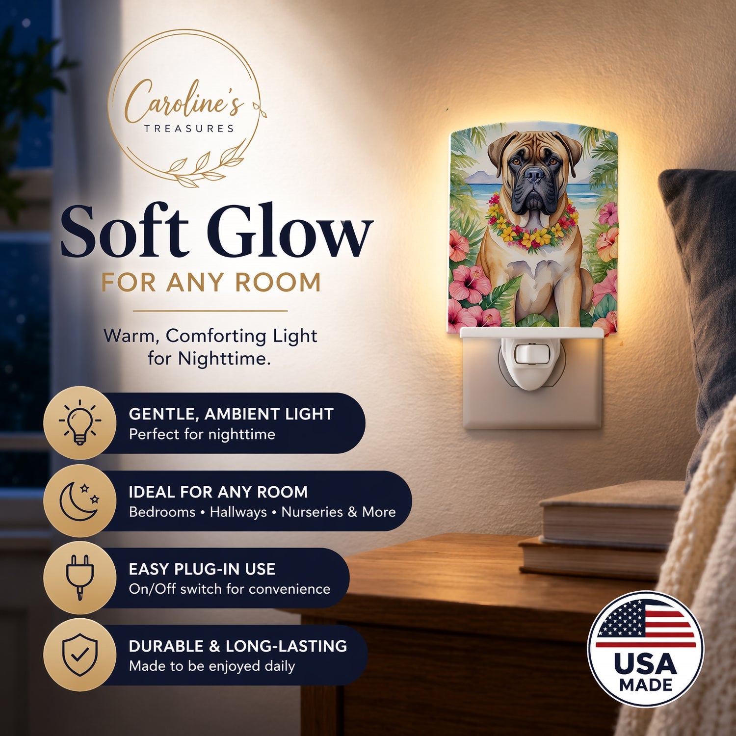 Bullmastiff Luau Ceramic Night Light Compact, UL-Certified, Ideal for Bedroom, Bathroom, Nursery, Hallway, Kitchen, 6x4x3, Multicolor
