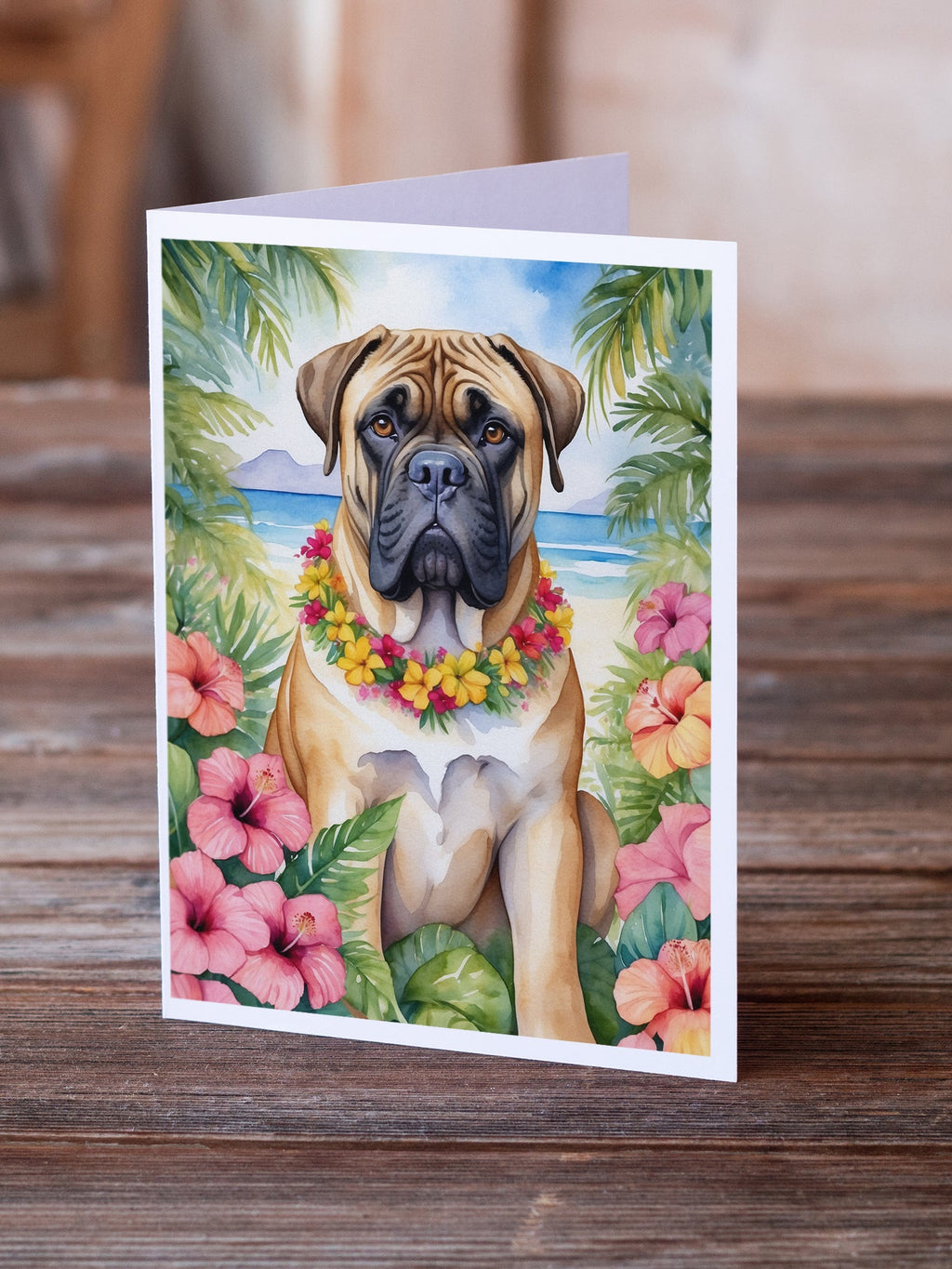 Bullmastiff Luau Greeting Cards Pack of 8 Blank Cards with Envelopes Whimsical A7 Size 5x7