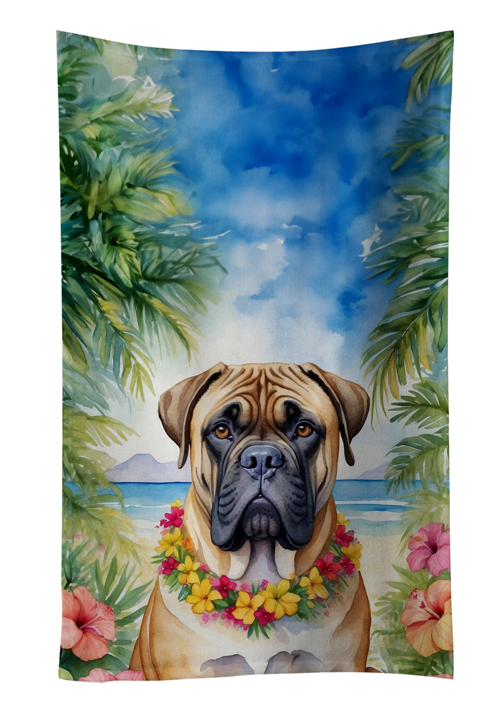 Bullmastiff Luau Kitchen Towel Velour Plush Front and Cotton Loop Back Machine Washable