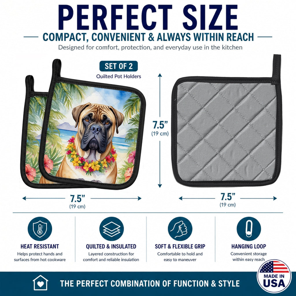Bullmastiff Luau Pot Holder Set of 2 Heat Resistant Quilted Hot Pads 7.5 x 7.5 Inch, Insulated Kitchen Trivets for Cooking & Baking