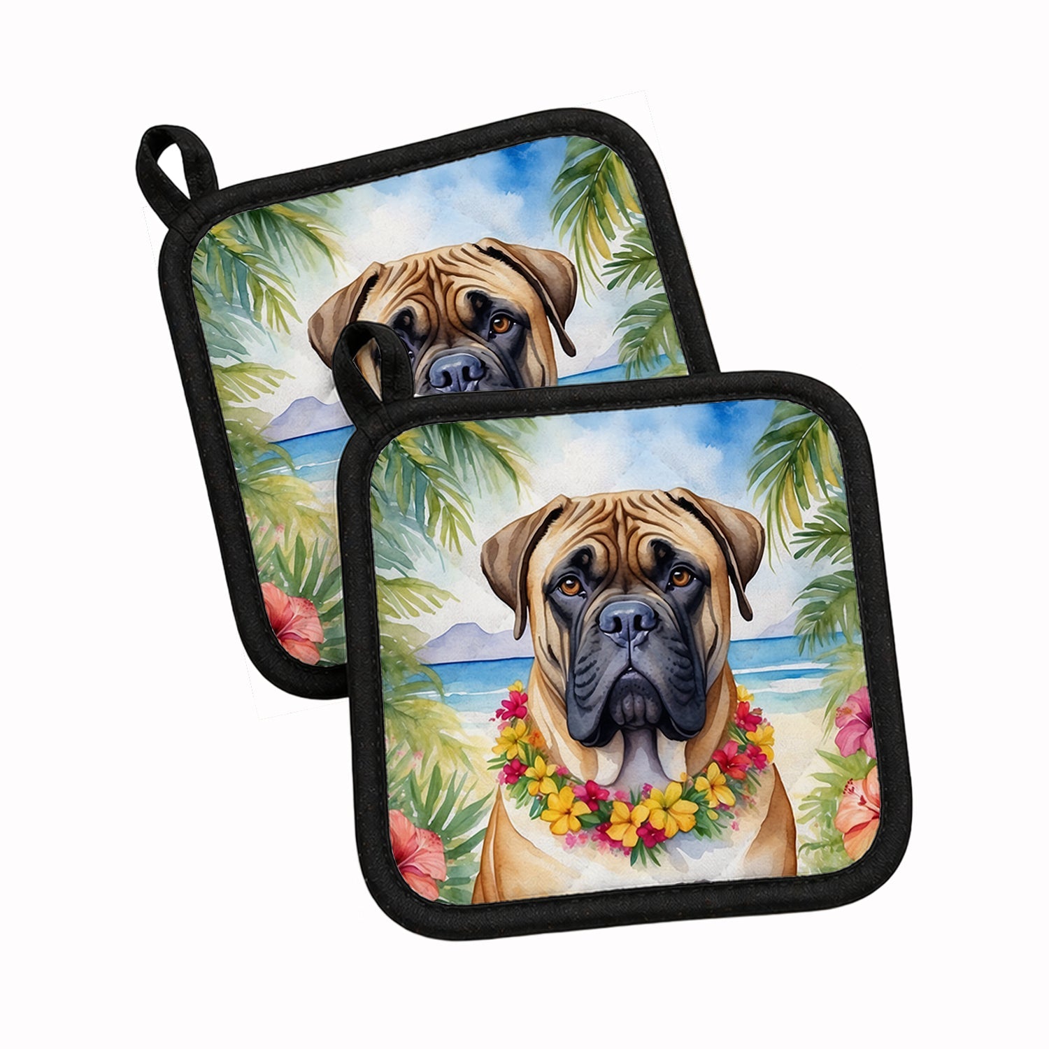 Bullmastiff Luau Pot Holder Set of 2 Heat Resistant Quilted Hot Pads 7.5 x 7.5 Inch, Insulated Kitchen Trivets for Cooking & Baking