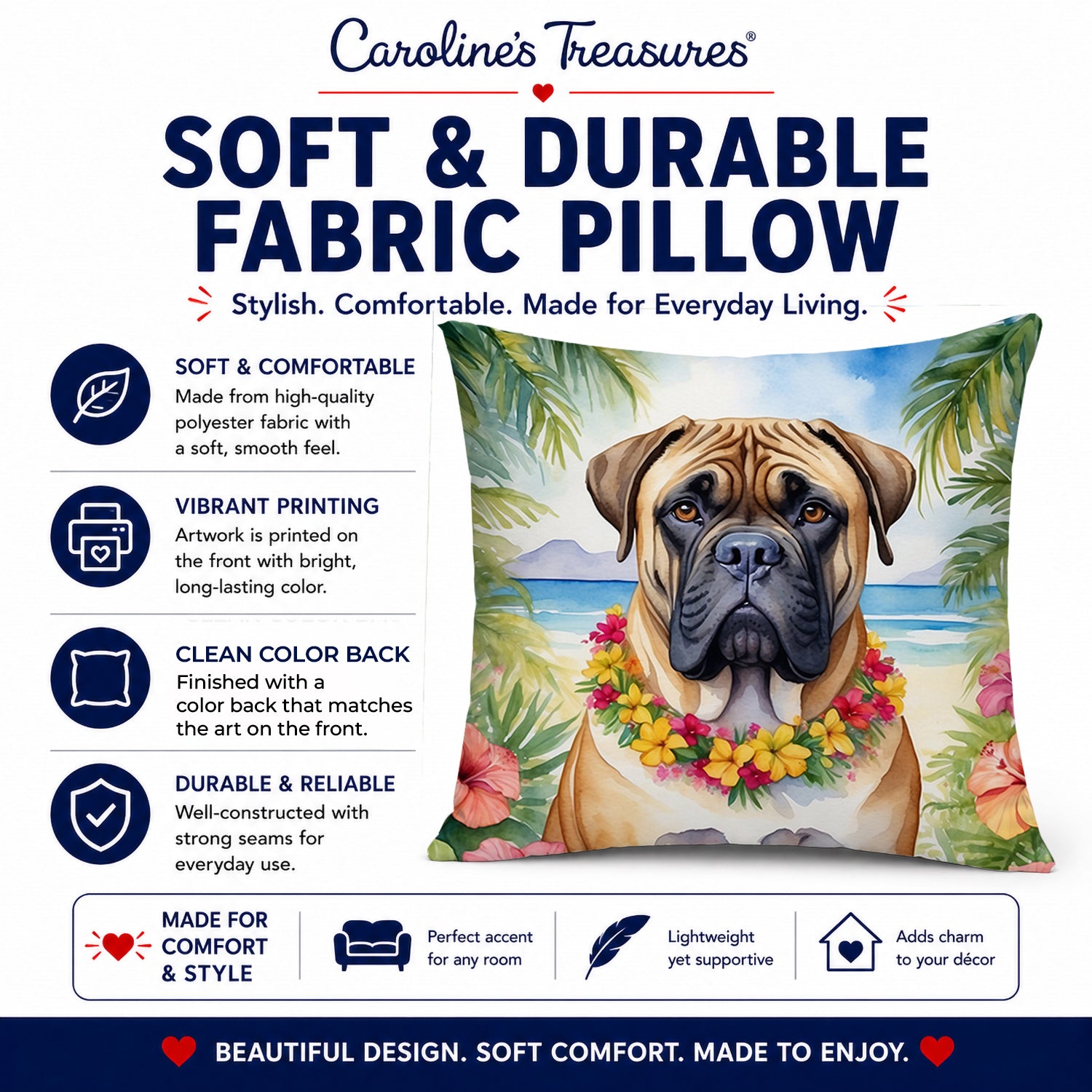 Bullmastiff Luau Decorative Throw Pillow 14x14 Indoor Outdoor Accent Cushion, Fabric Cover with Insert for Sofa, Bed, Porch & Living Room