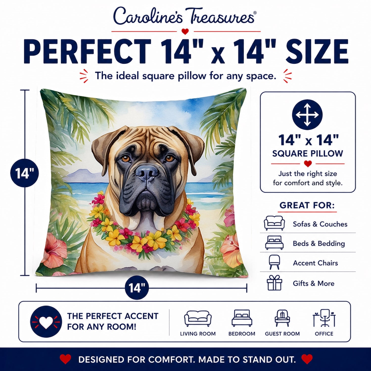 Bullmastiff Luau Decorative Throw Pillow 14x14 Indoor Outdoor Accent Cushion, Fabric Cover with Insert for Sofa, Bed, Porch & Living Room