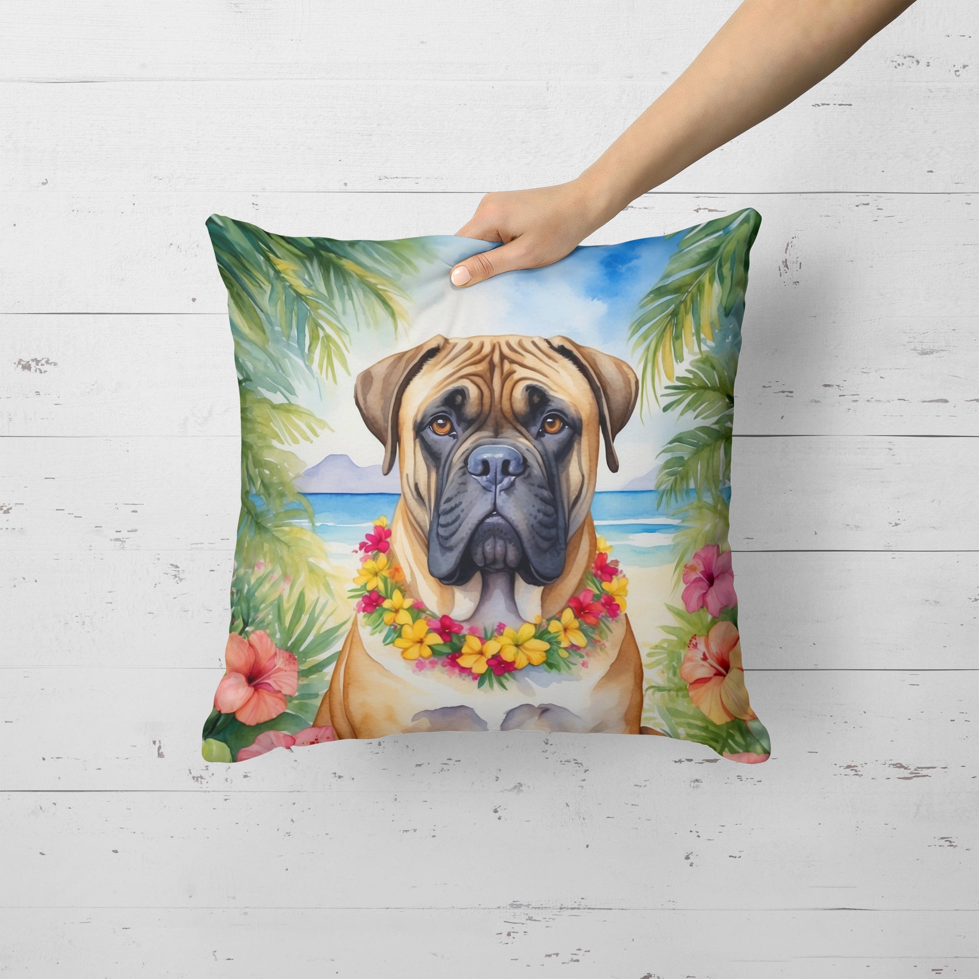 Bullmastiff Luau Decorative Throw Pillow 18x18 Indoor Outdoor Accent Cushion, Fabric Cover with Insert for Sofa, Bed, Porch & Living Room