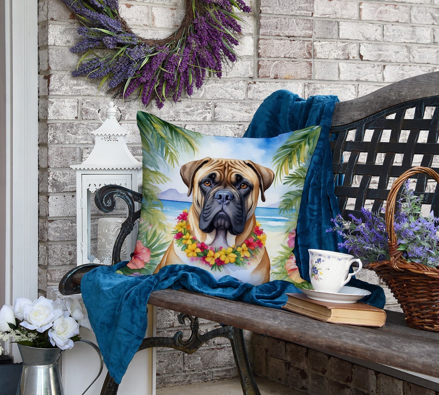Bullmastiff Luau Decorative Throw Pillow 18x18 Indoor Outdoor Accent Cushion, Fabric Cover with Insert for Sofa, Bed, Porch & Living Room