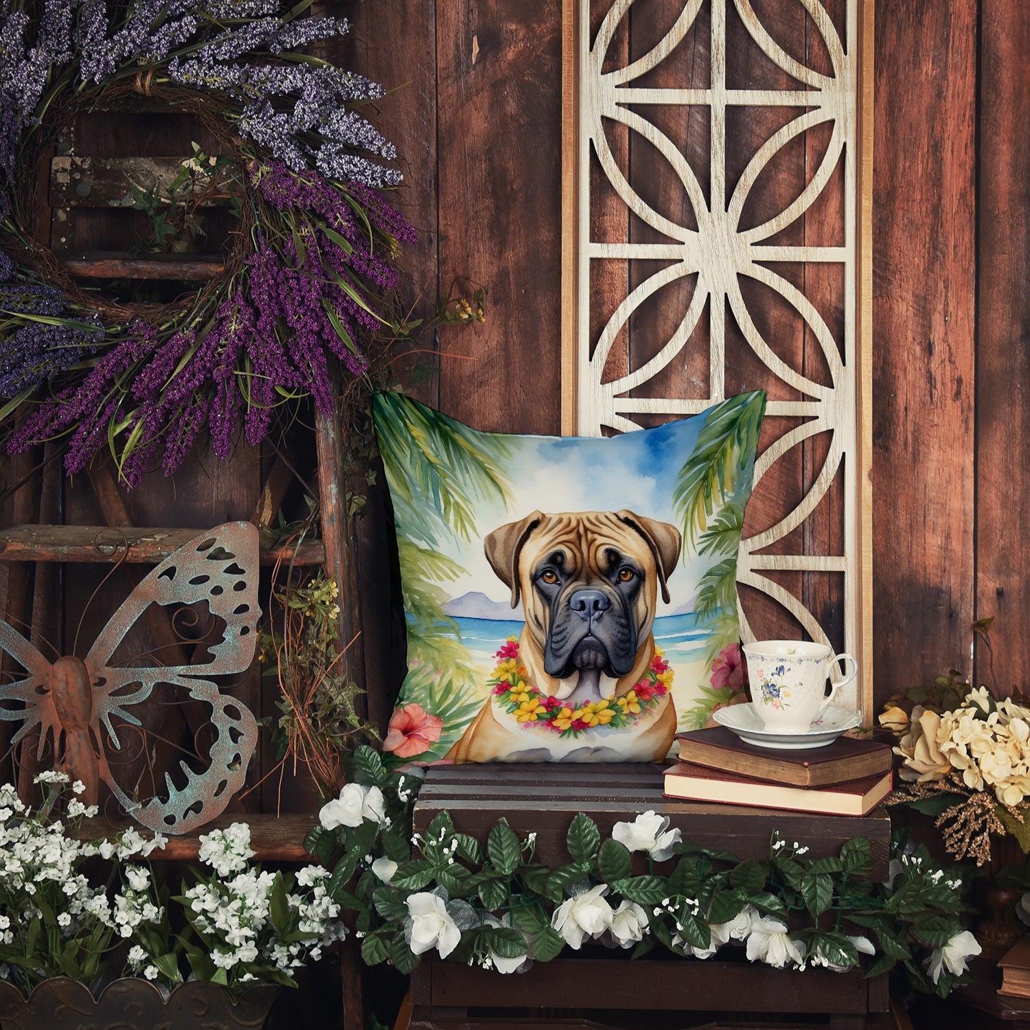 Bullmastiff Luau Decorative Throw Pillow 18x18 Indoor Outdoor Accent Cushion, Fabric Cover with Insert for Sofa, Bed, Porch & Living Room