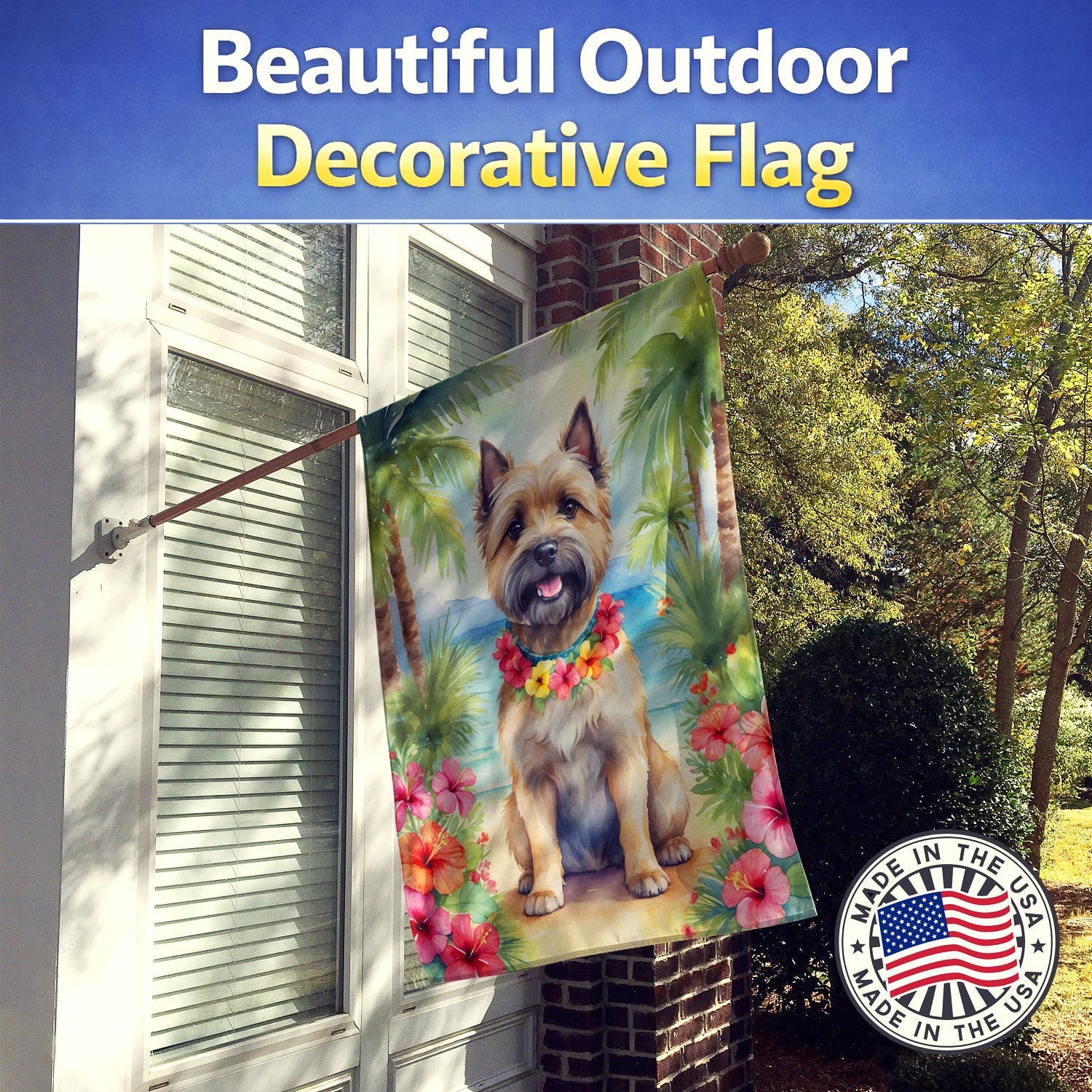 Cairn Terrier Luau House Flag 28x40 Porch Sleeve Pole Decorative Outside Yard Banner Artwork Wall Hanging, Polyester