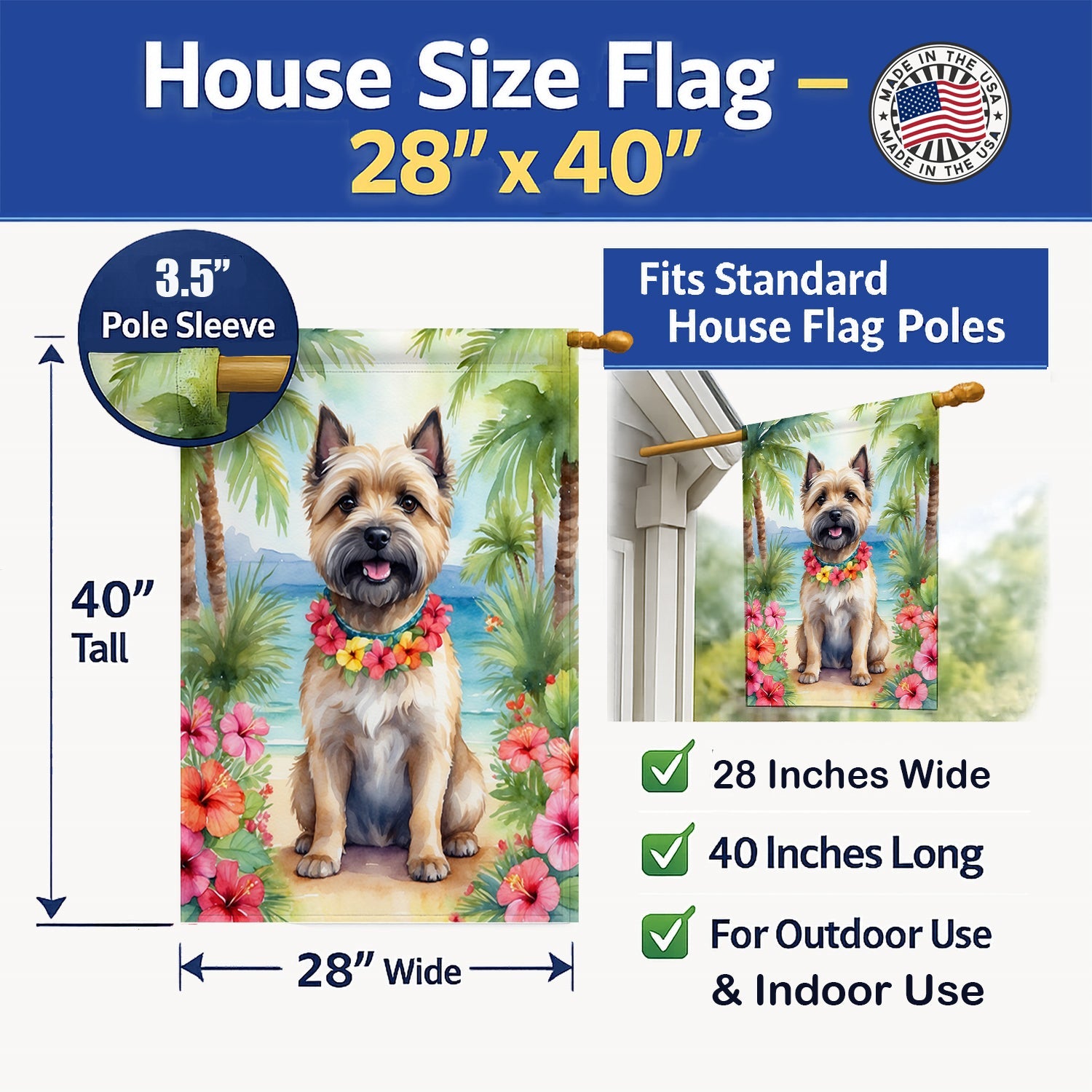 Cairn Terrier Luau House Flag 28x40 Porch Sleeve Pole Decorative Outside Yard Banner Artwork Wall Hanging, Polyester