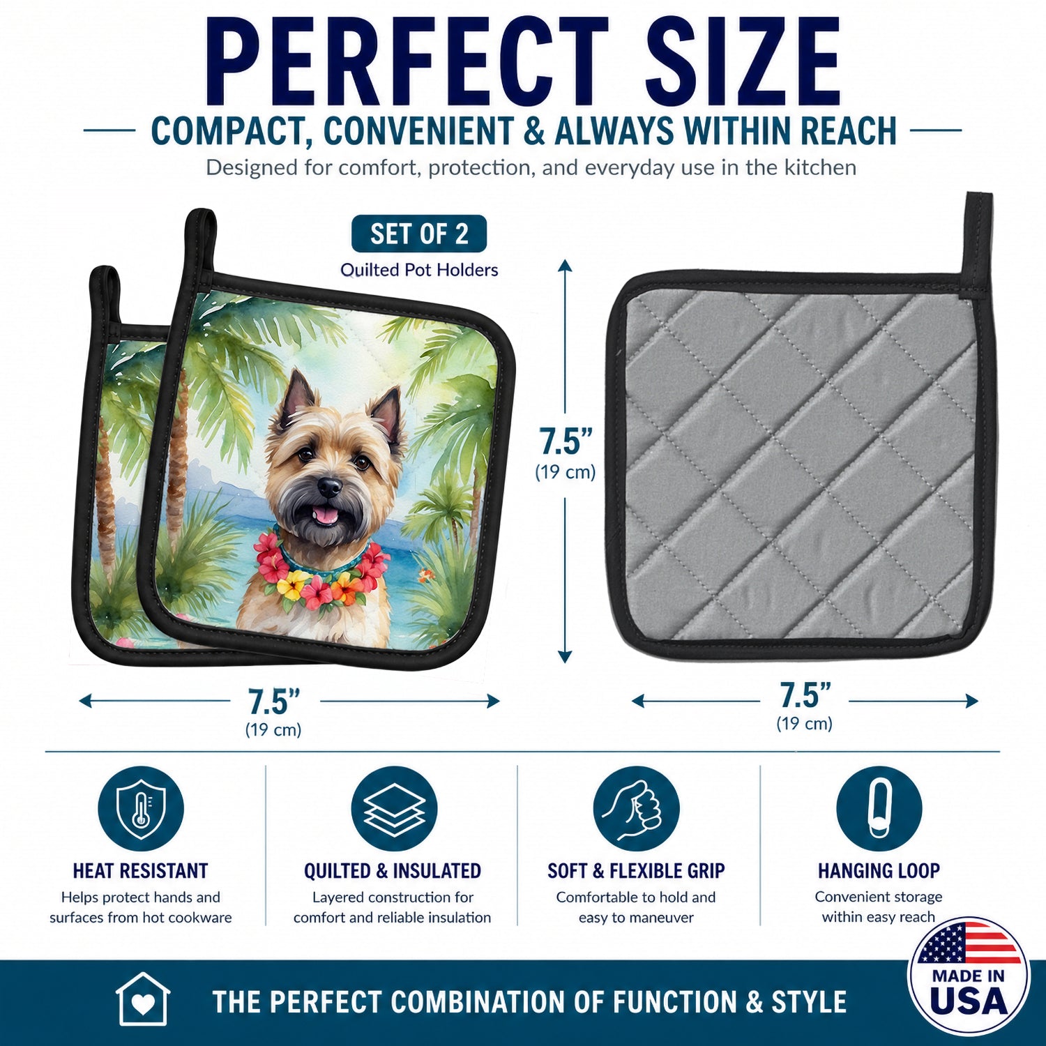 Cairn Terrier Luau Pot Holder Set of 2 Heat Resistant Quilted Hot Pads 7.5 x 7.5 Inch, Insulated Kitchen Trivets for Cooking & Baking