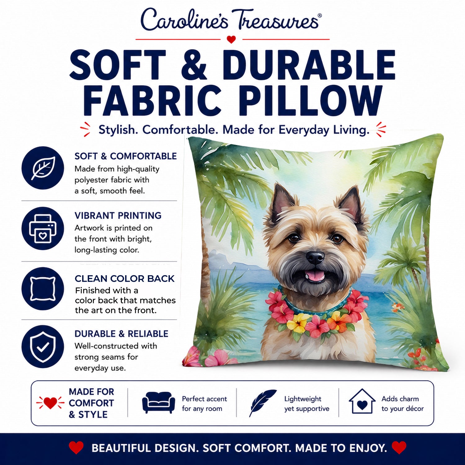 Cairn Terrier Luau Decorative Throw Pillow 14x14 Indoor Outdoor Accent Cushion, Fabric Cover with Insert for Sofa, Bed, Porch & Living Room