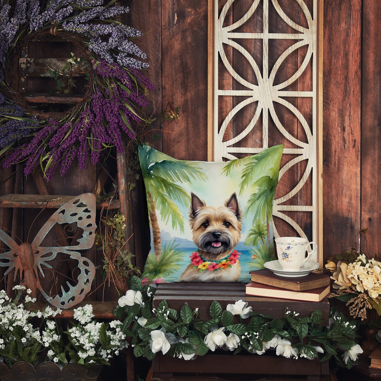 Cairn Terrier Luau Decorative Throw Pillow 18x18 Indoor Outdoor Accent Cushion, Fabric Cover with Insert for Sofa, Bed, Porch & Living Room