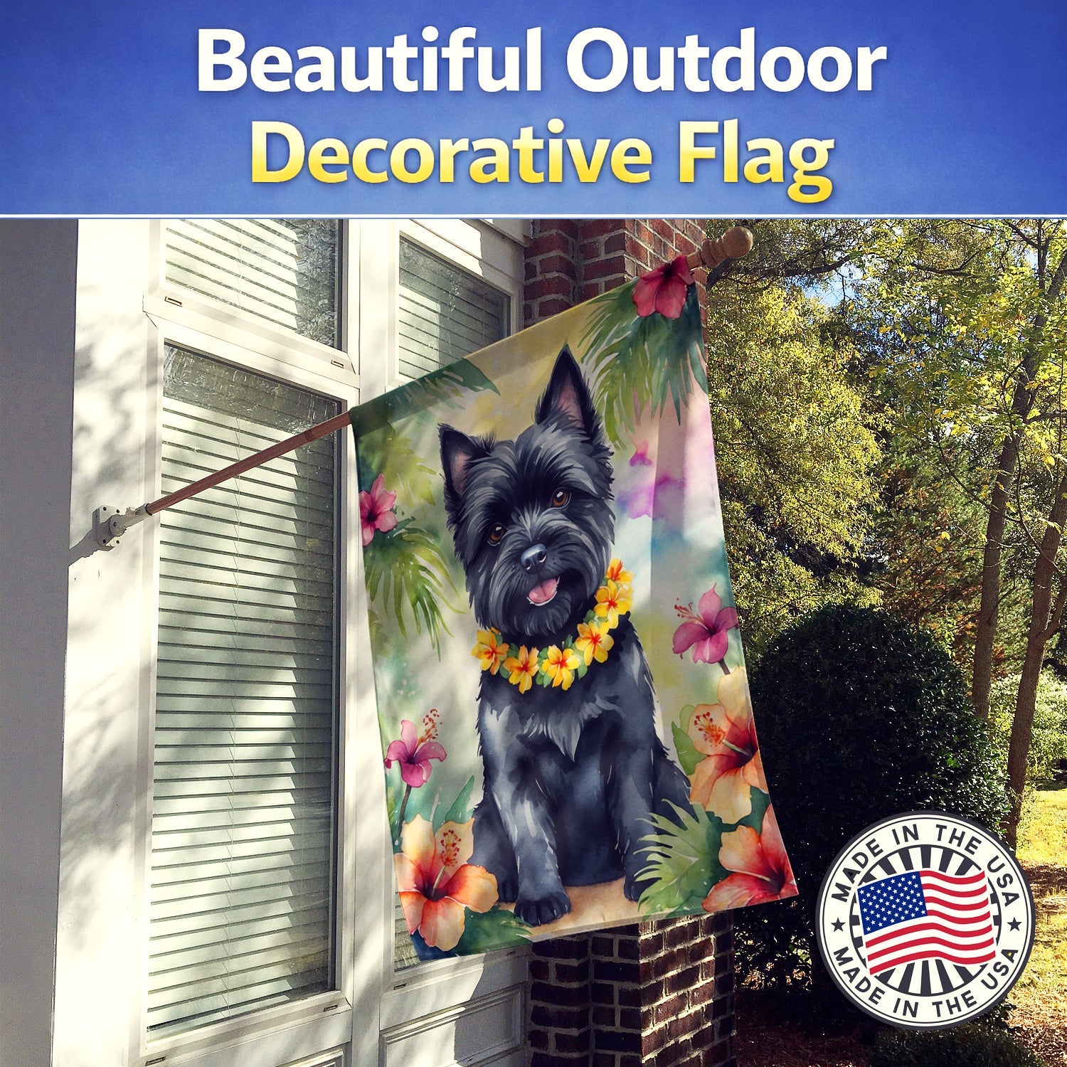 Cairn Terrier Luau House Flag 28x40 Porch Sleeve Pole Decorative Outside Yard Banner Artwork Wall Hanging, Polyester