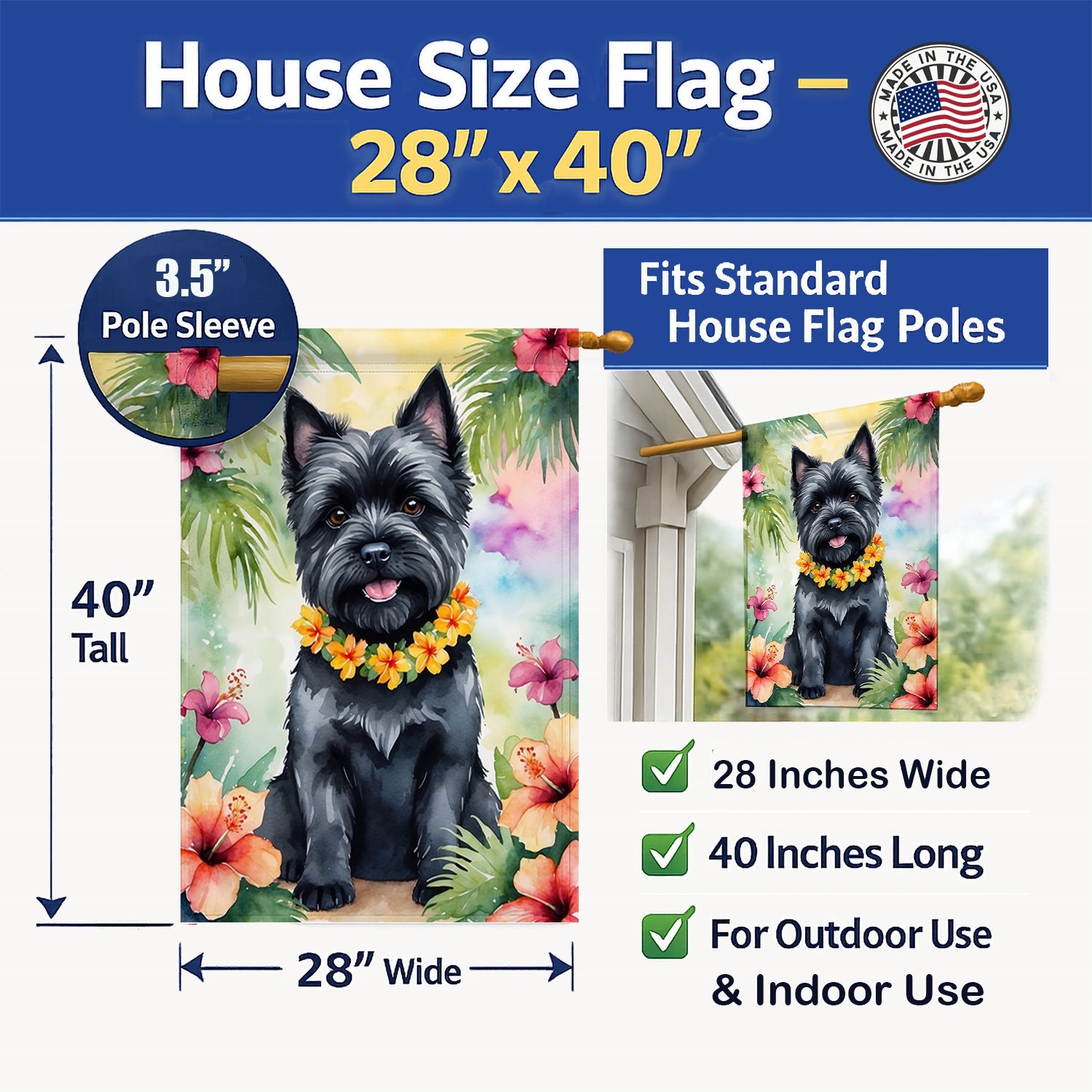 Cairn Terrier Luau House Flag 28x40 Porch Sleeve Pole Decorative Outside Yard Banner Artwork Wall Hanging, Polyester