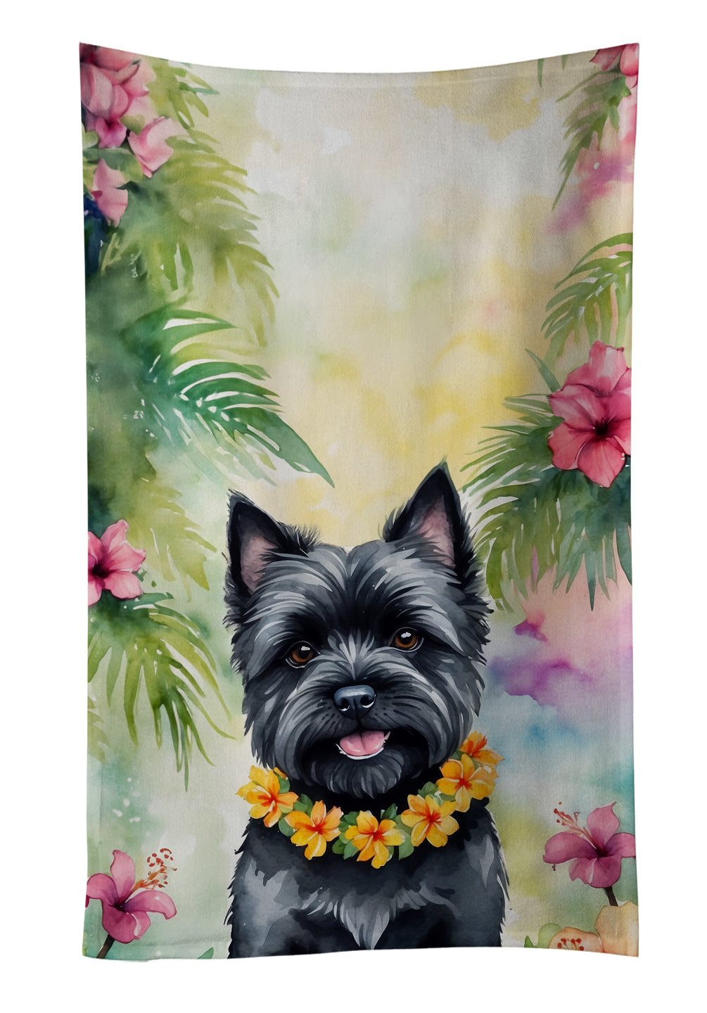 Cairn Terrier Luau Kitchen Towel Velour Plush Front and Cotton Loop Back Machine Washable