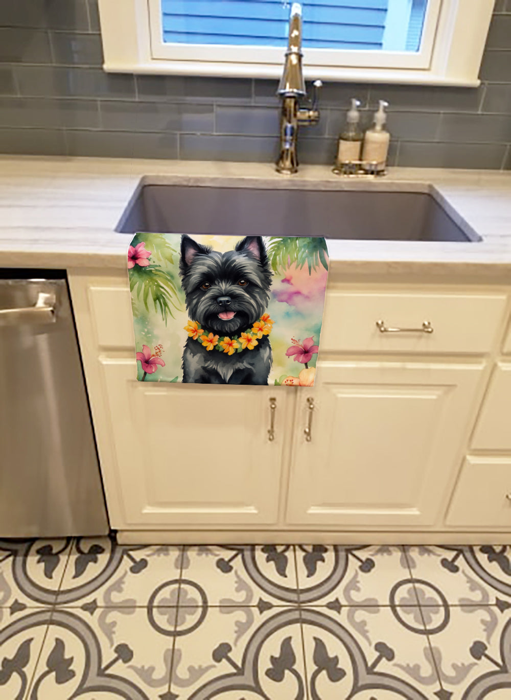 Cairn Terrier Luau Kitchen Towel Velour Plush Front and Cotton Loop Back Machine Washable