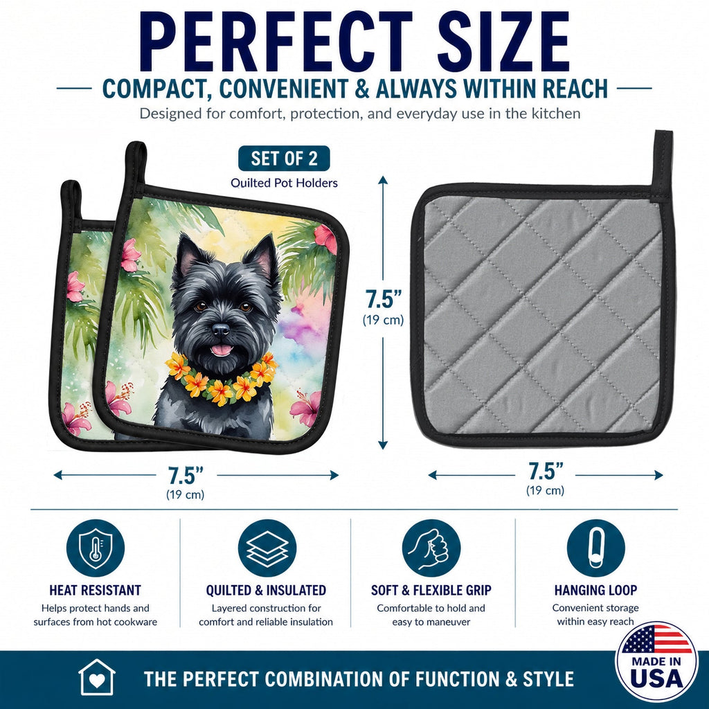 Cairn Terrier Luau Pot Holder Set of 2 Heat Resistant Quilted Hot Pads 7.5 x 7.5 Inch, Insulated Kitchen Trivets for Cooking & Baking