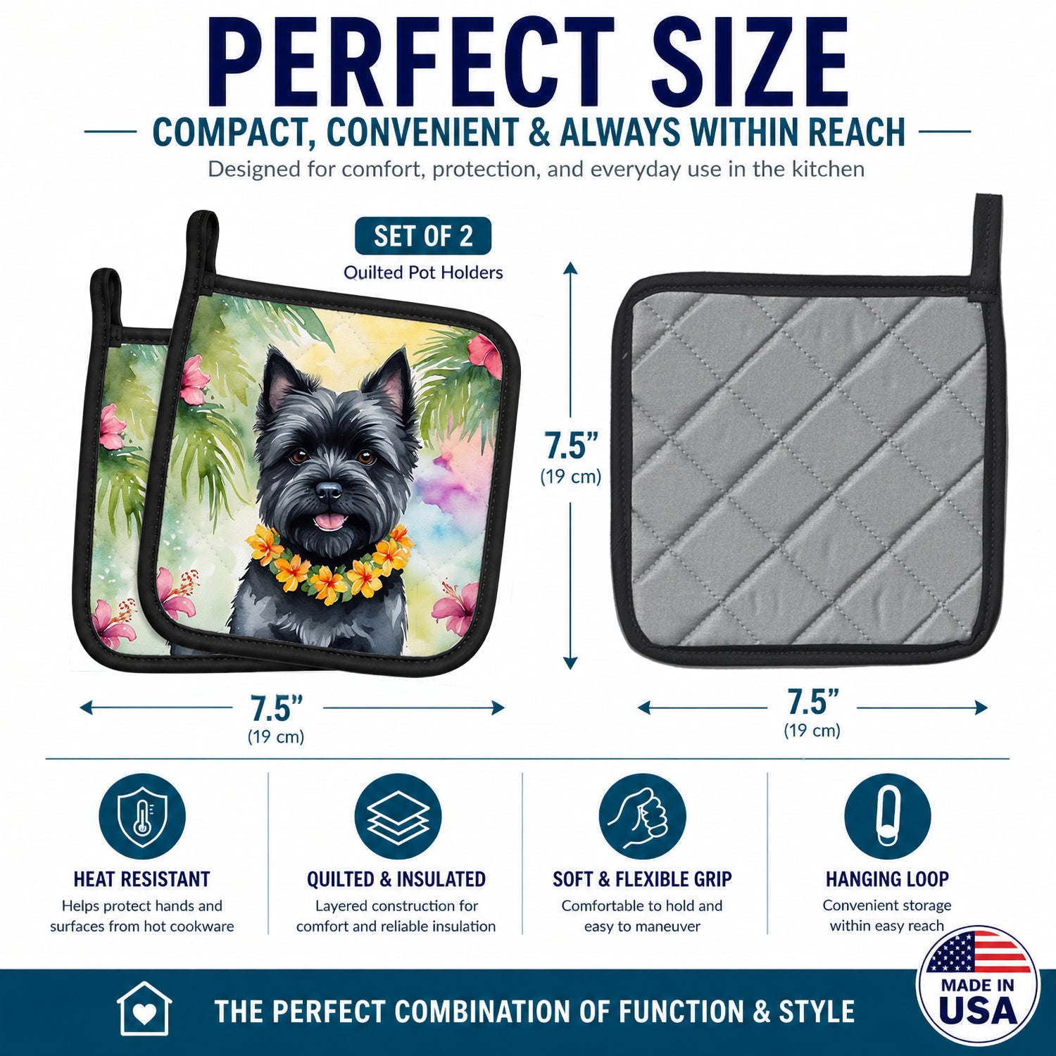 Cairn Terrier Luau Pot Holder Set of 2 Heat Resistant Quilted Hot Pads 7.5 x 7.5 Inch, Insulated Kitchen Trivets for Cooking & Baking