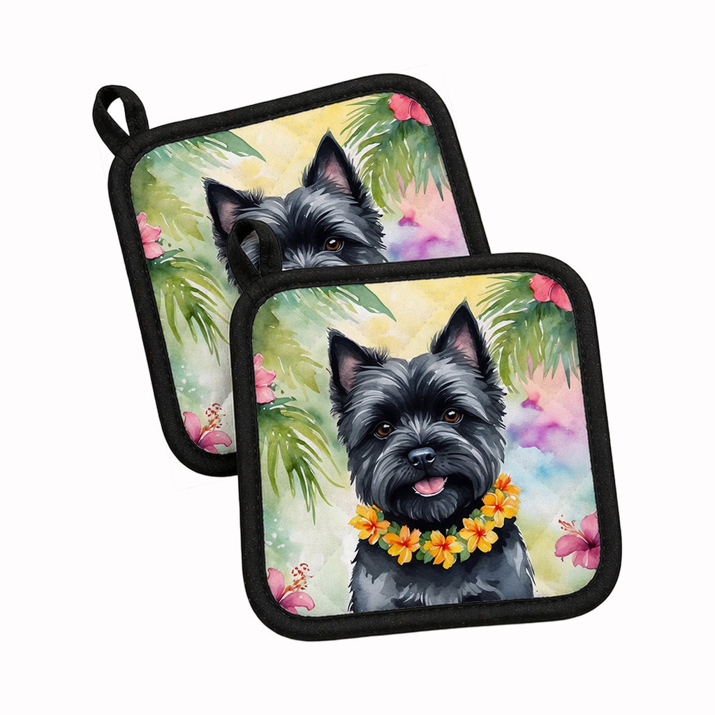 Cairn Terrier Luau Pot Holder Set of 2 Heat Resistant Quilted Hot Pads 7.5 x 7.5 Inch, Insulated Kitchen Trivets for Cooking & Baking