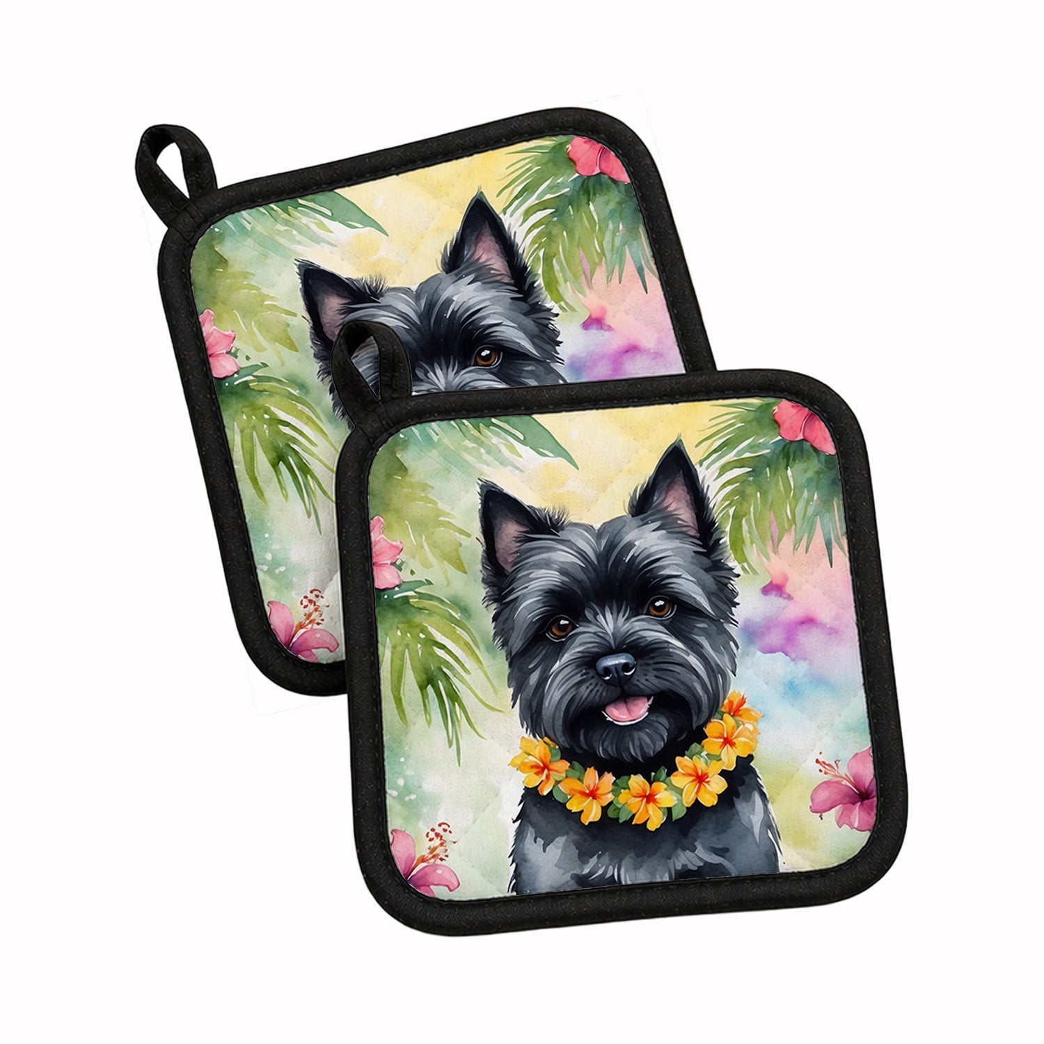 Cairn Terrier Luau Pot Holder Set of 2 Heat Resistant Quilted Hot Pads 7.5 x 7.5 Inch, Insulated Kitchen Trivets for Cooking & Baking