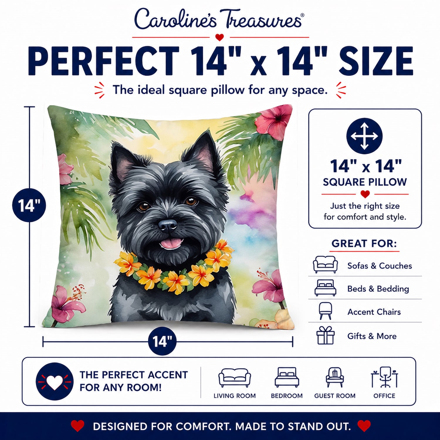 Cairn Terrier Luau Decorative Throw Pillow 14x14 Indoor Outdoor Accent Cushion, Fabric Cover with Insert for Sofa, Bed, Porch & Living Room