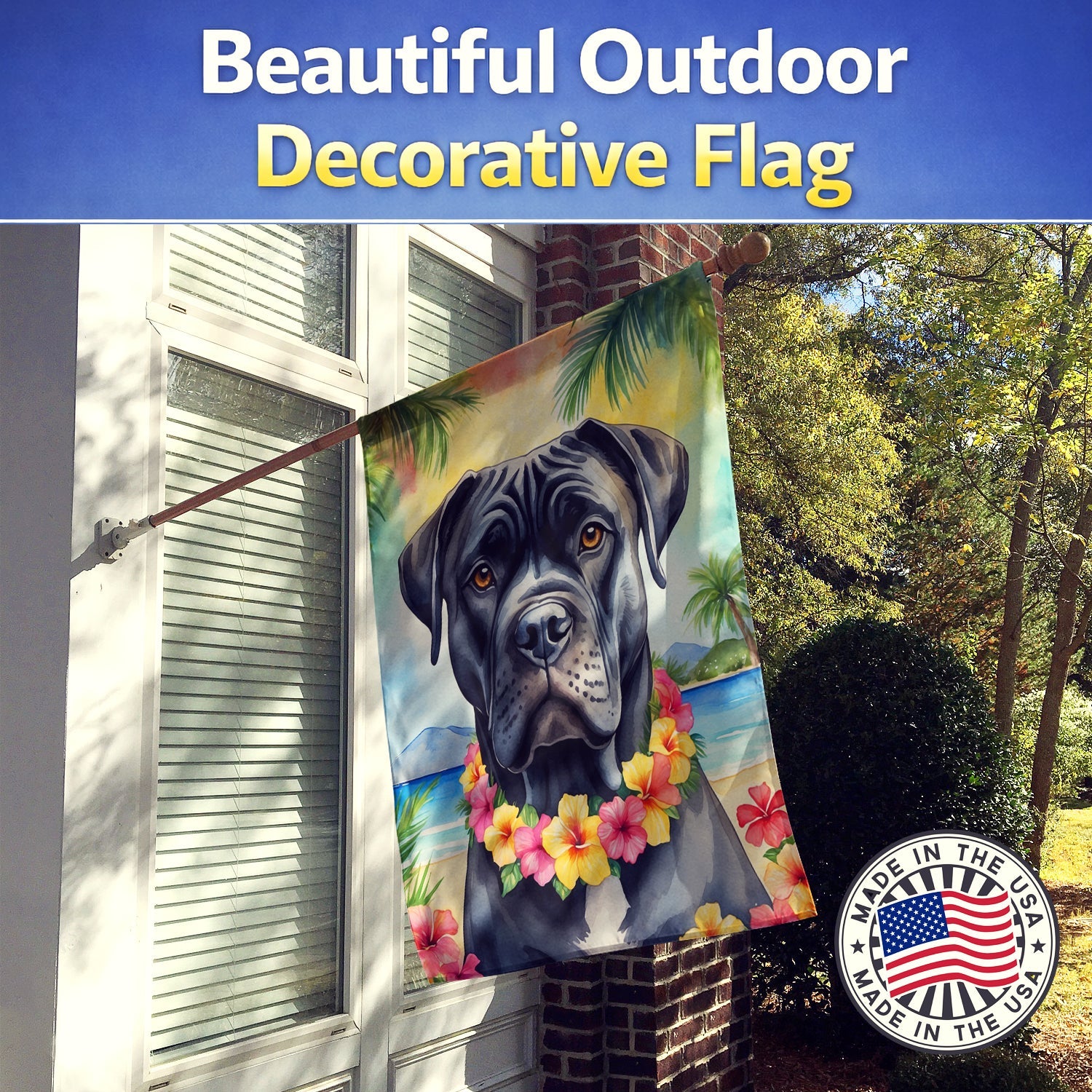 Cane Corso Luau House Flag 28x40 Porch Sleeve Pole Decorative Outside Yard Banner Artwork Wall Hanging, Polyester