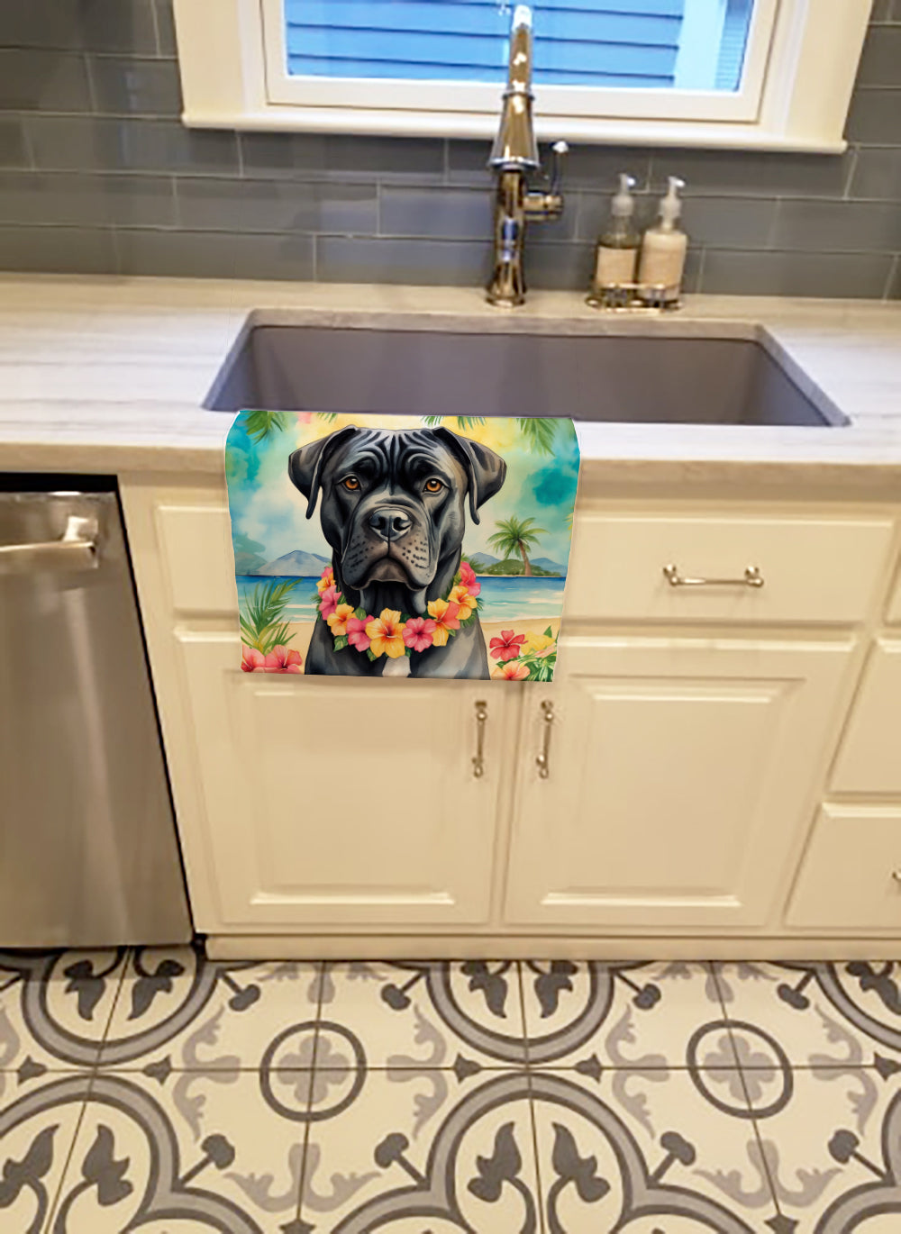 Cane Corso Luau Kitchen Towel Velour Plush Front and Cotton Loop Back Machine Washable