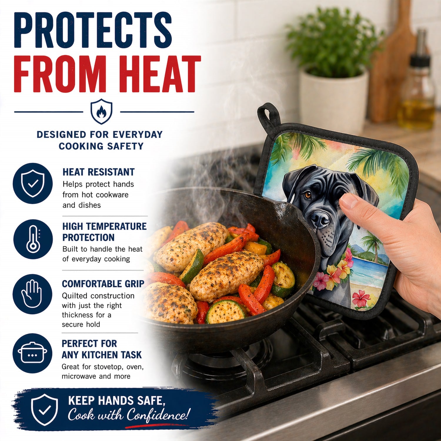 Cane Corso Luau Pot Holder Set of 2 Heat Resistant Quilted Hot Pads 7.5 x 7.5 Inch, Insulated Kitchen Trivets for Cooking & Baking
