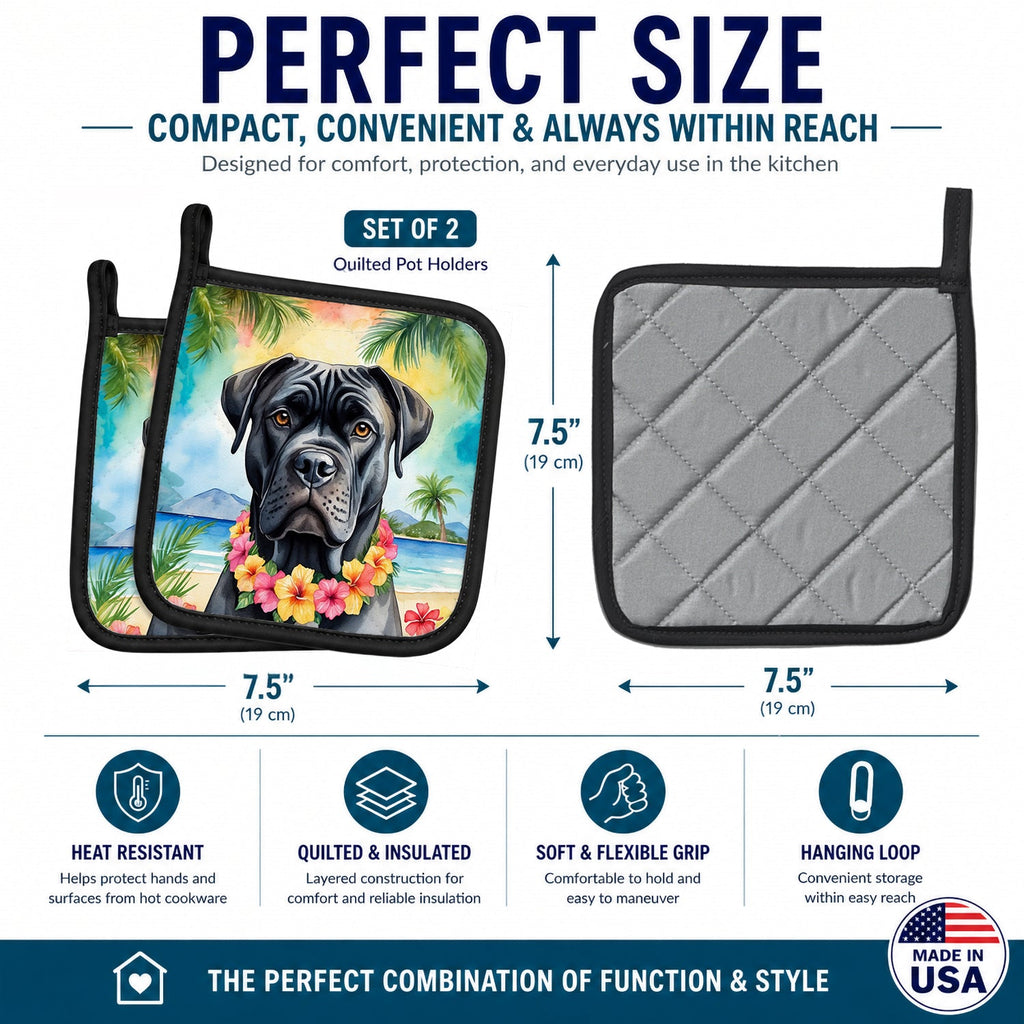 Cane Corso Luau Pot Holder Set of 2 Heat Resistant Quilted Hot Pads 7.5 x 7.5 Inch, Insulated Kitchen Trivets for Cooking & Baking
