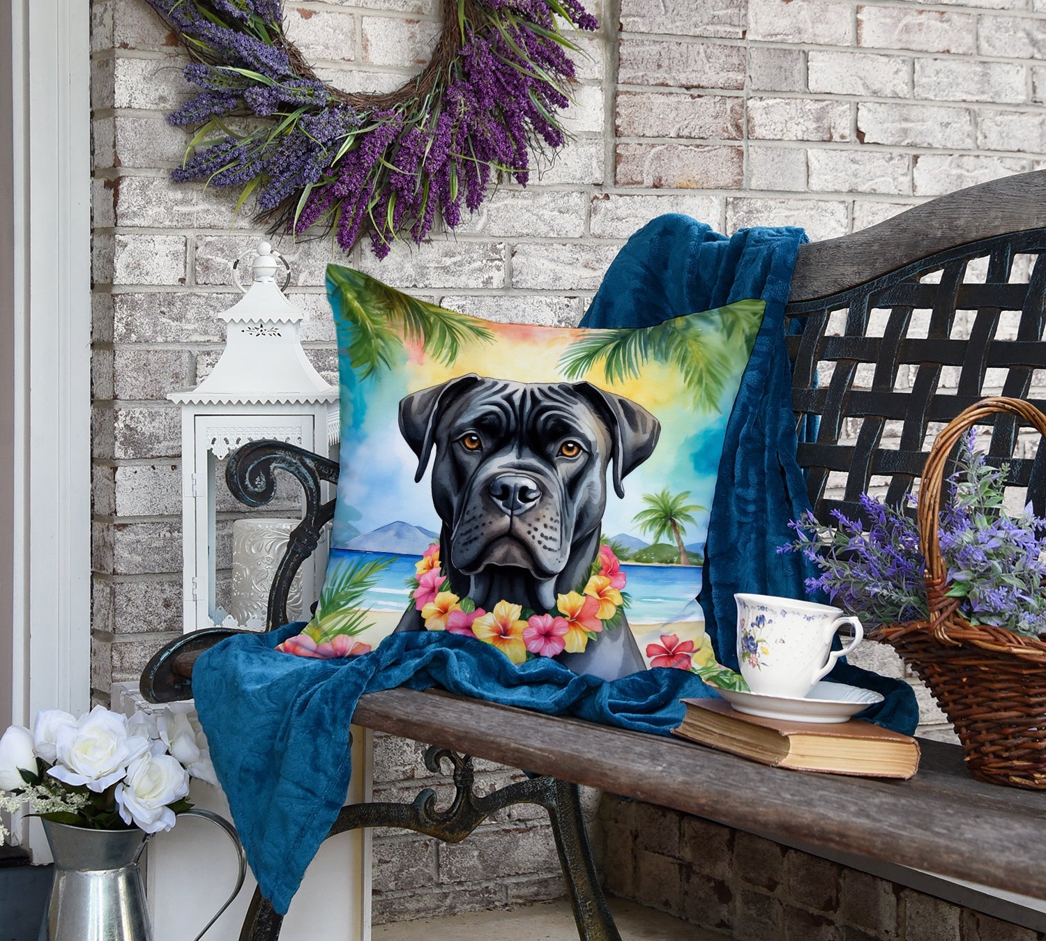 Cane Corso Luau Decorative Throw Pillow 18x18 Indoor Outdoor Accent Cushion, Fabric Cover with Insert for Sofa, Bed, Porch & Living Room