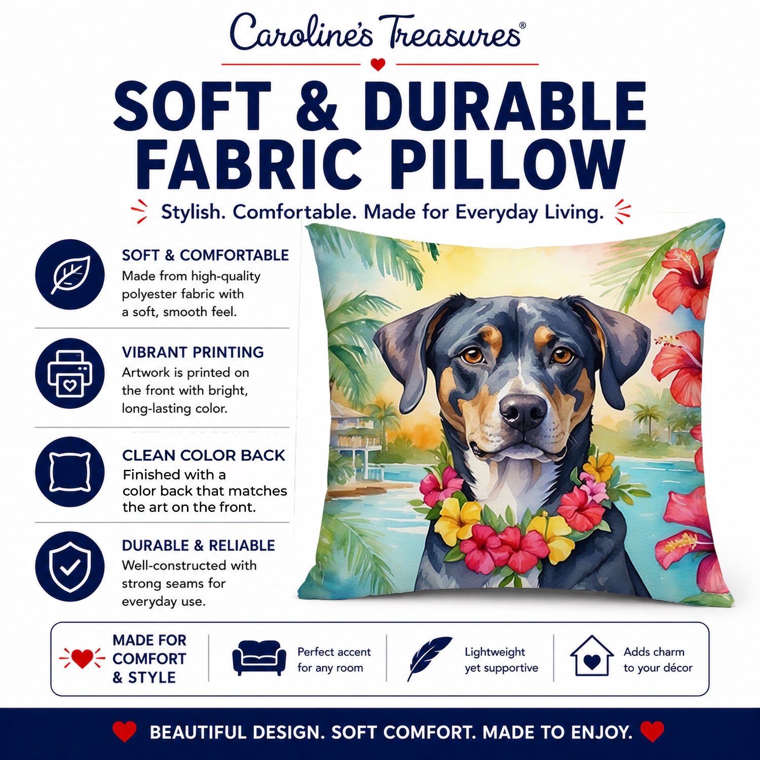 Catahoula Luau Decorative Throw Pillow 14x14 Indoor Outdoor Accent Cushion, Fabric Cover with Insert for Sofa, Bed, Porch & Living Room