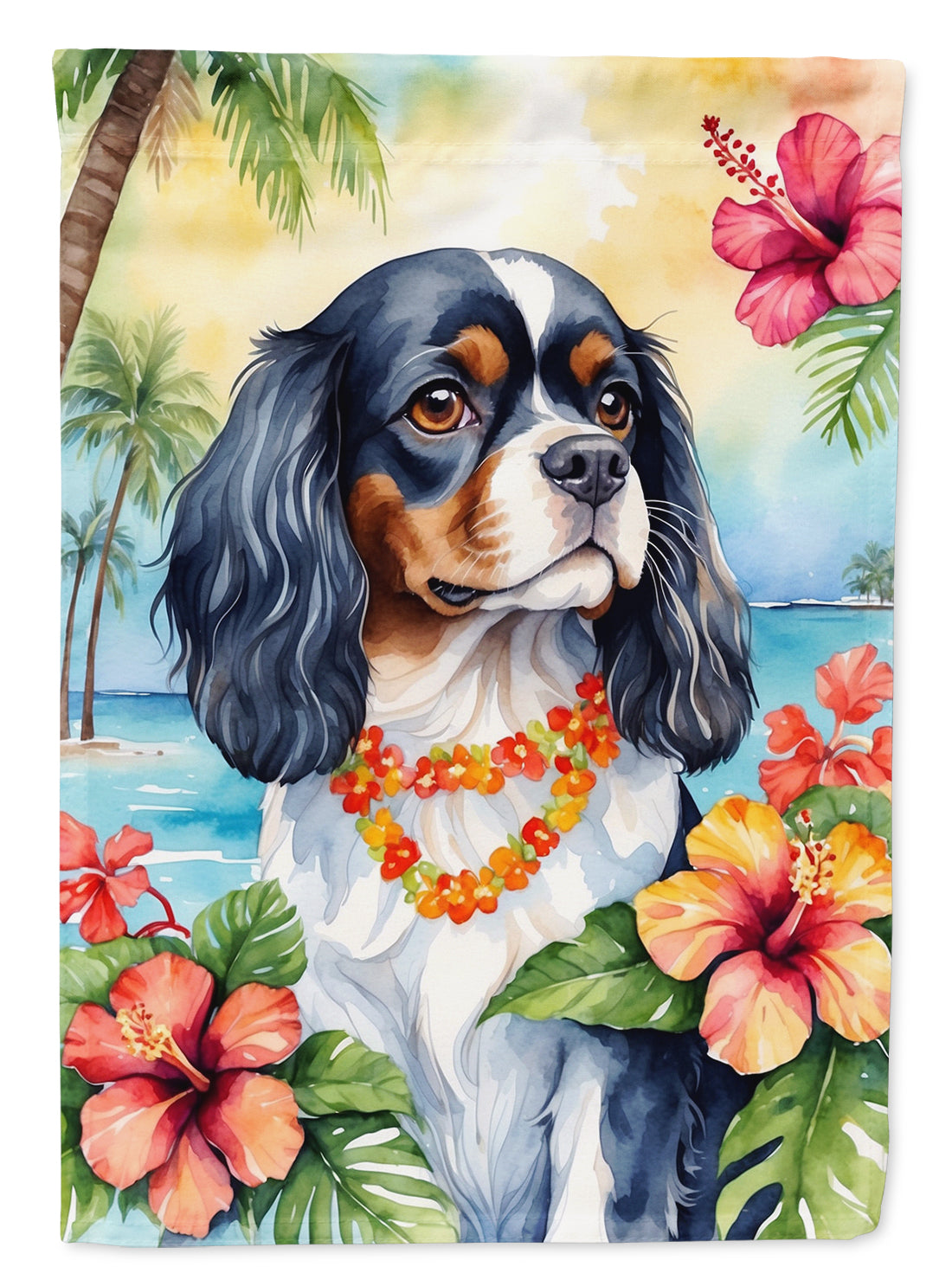 Cavalier Spaniel Luau House Flag 28x40 Porch Sleeve Pole Decorative Outside Yard Banner Artwork Wall Hanging, Polyester