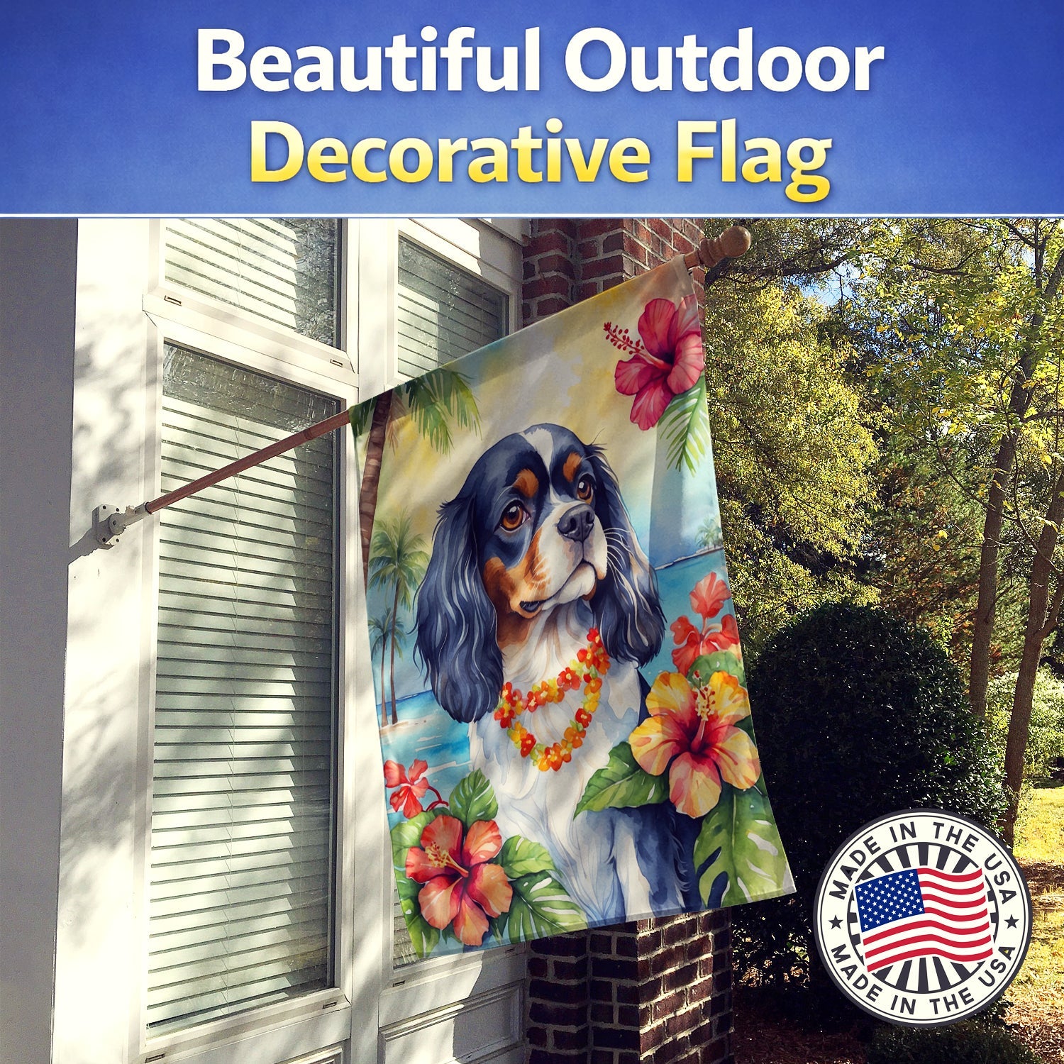 Cavalier Spaniel Luau House Flag 28x40 Porch Sleeve Pole Decorative Outside Yard Banner Artwork Wall Hanging, Polyester