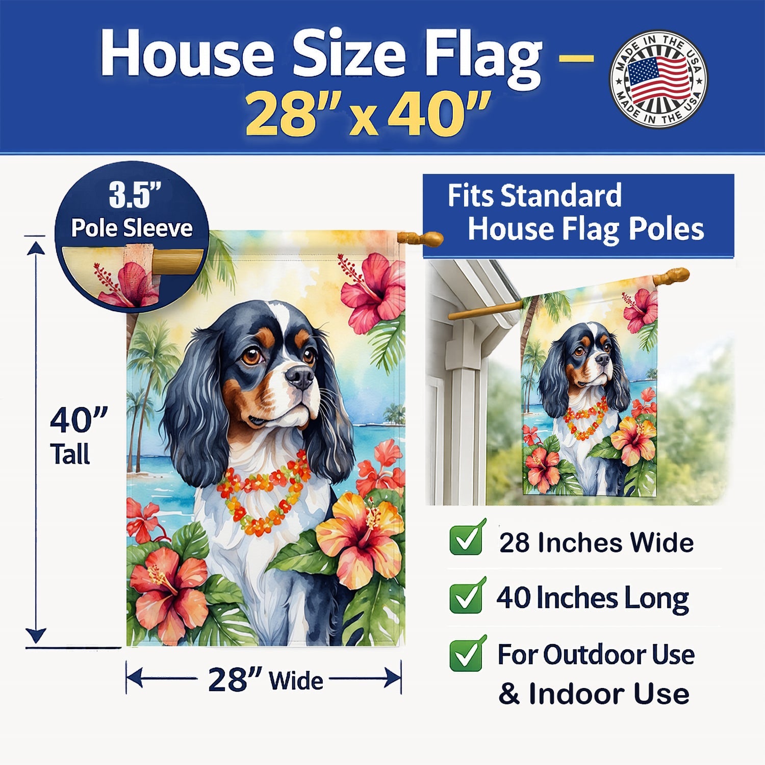 Cavalier Spaniel Luau House Flag 28x40 Porch Sleeve Pole Decorative Outside Yard Banner Artwork Wall Hanging, Polyester