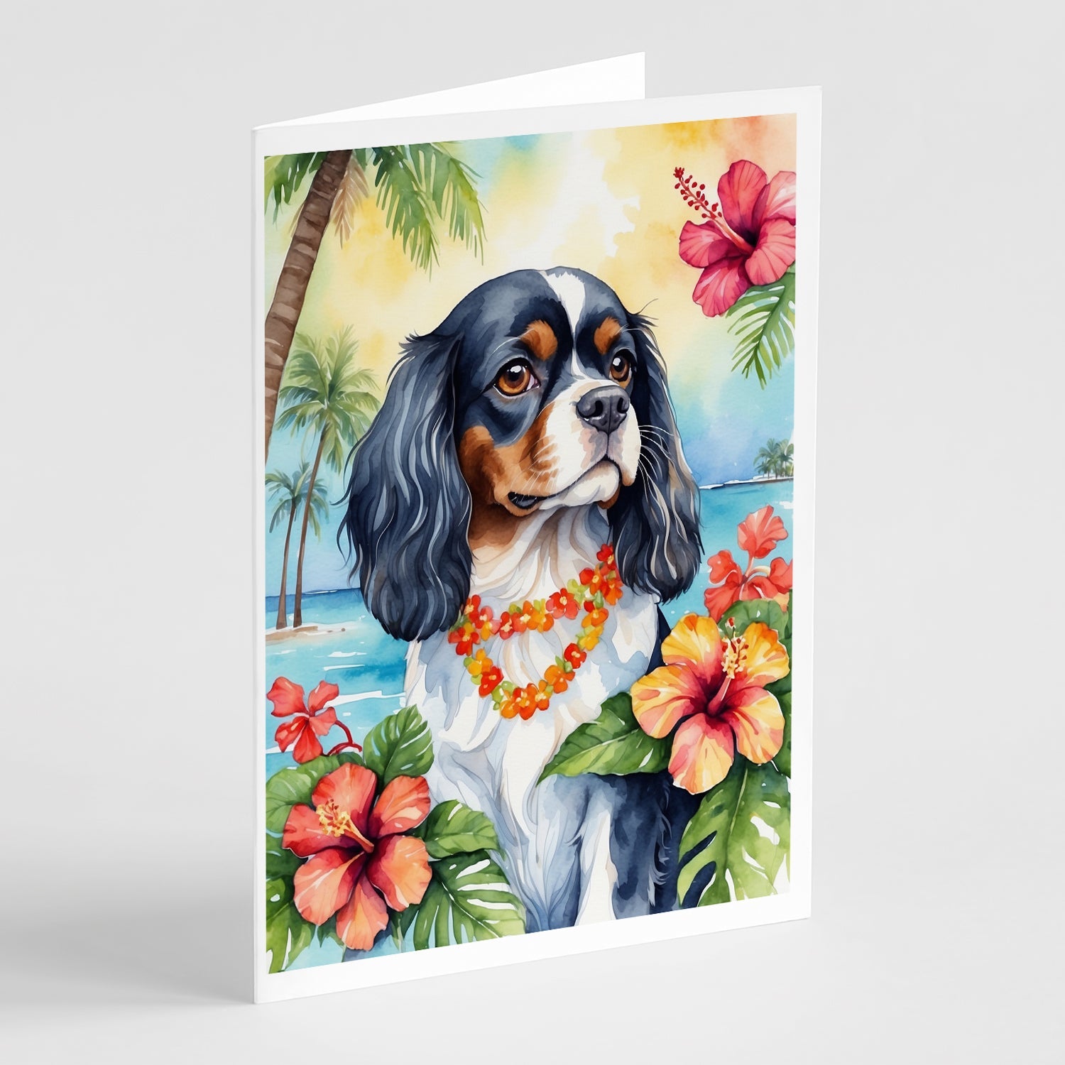 Cavalier Spaniel Luau Greeting Cards Pack of 8 Blank Cards with Envelopes Whimsical A7 Size 5x7