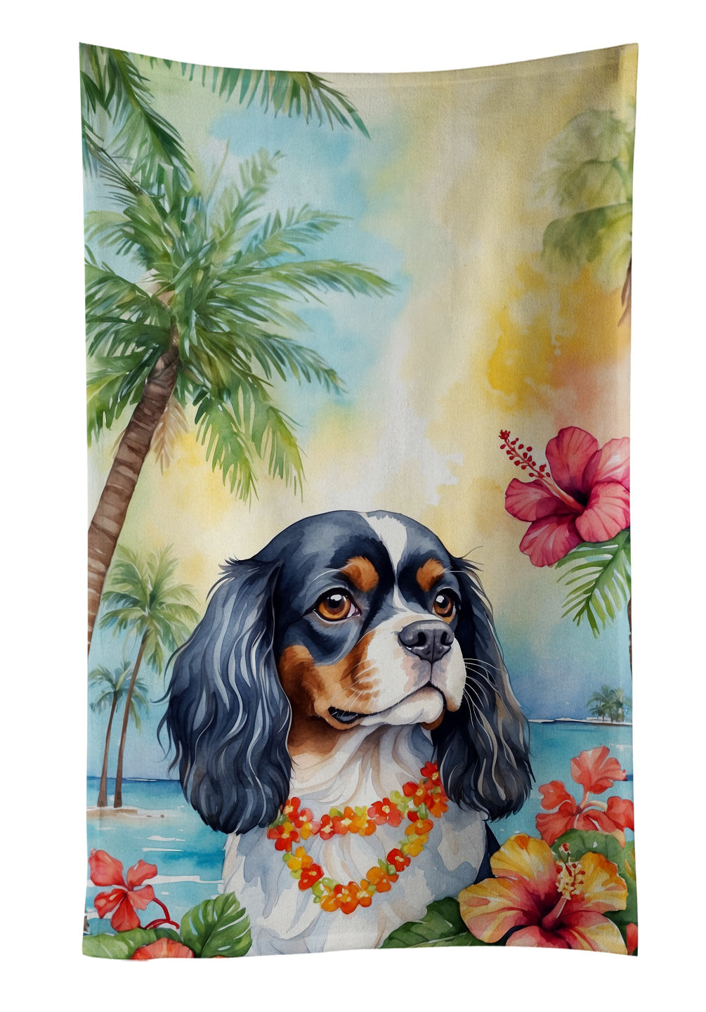 Cavalier Spaniel Luau Kitchen Towel Velour Plush Front and Cotton Loop Back Machine Washable