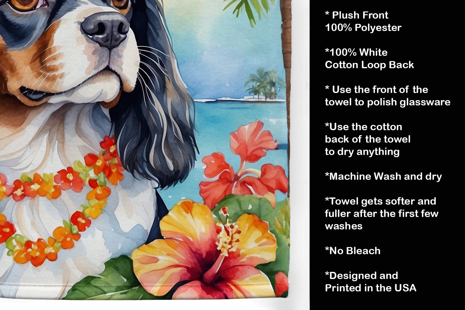 Cavalier Spaniel Luau Kitchen Towel Velour Plush Front and Cotton Loop Back Machine Washable