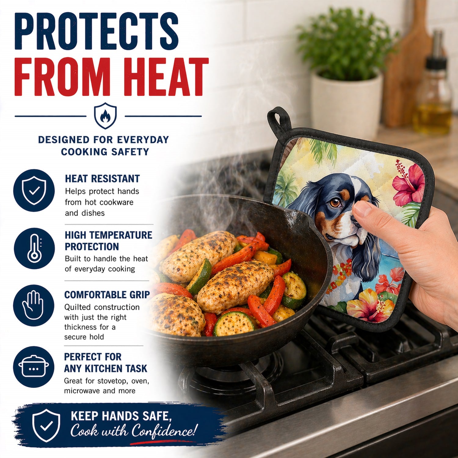 Cavalier Spaniel Luau Pot Holder Set of 2 Heat Resistant Quilted Hot Pads 7.5 x 7.5 Inch, Insulated Kitchen Trivets for Cooking & Baking