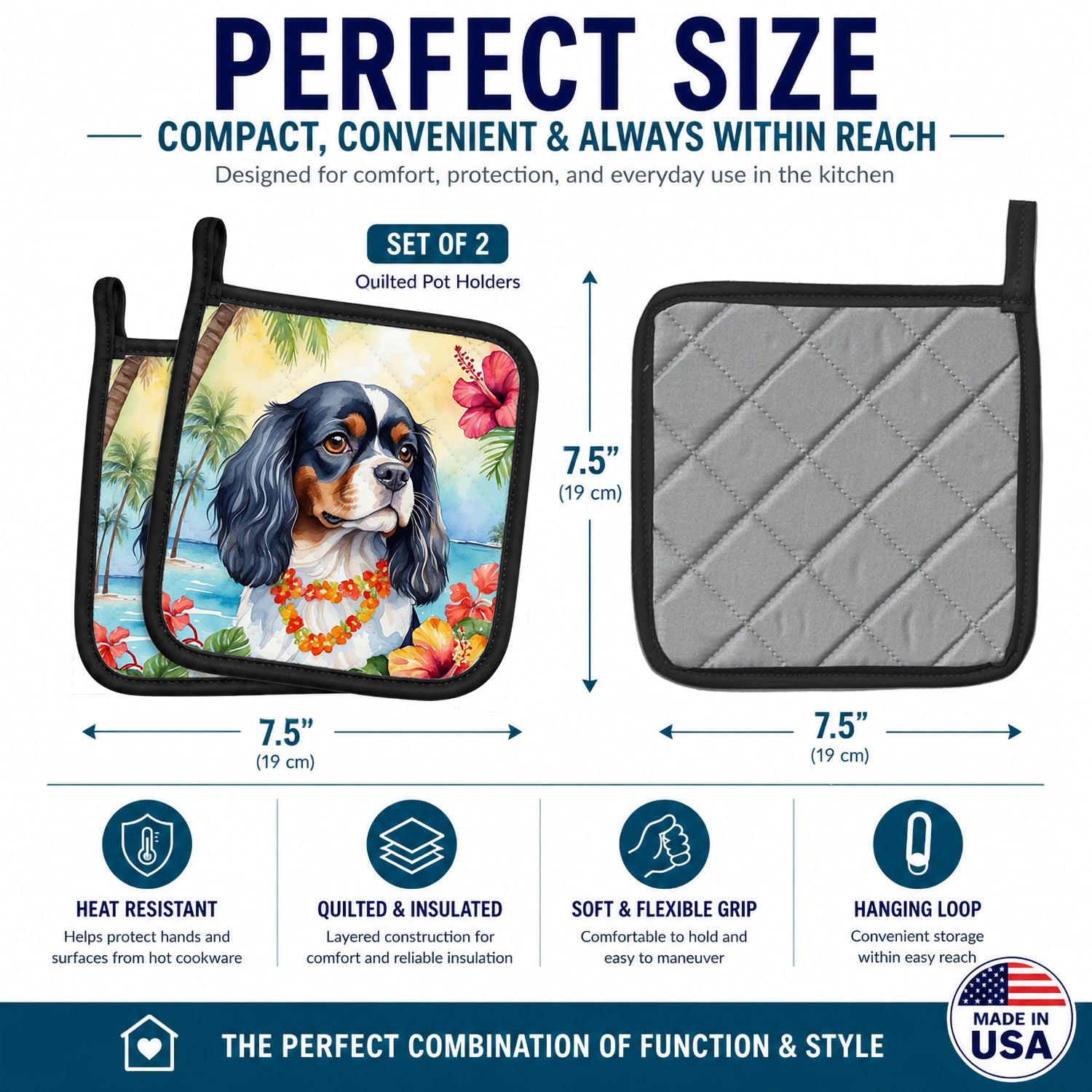 Cavalier Spaniel Luau Pot Holder Set of 2 Heat Resistant Quilted Hot Pads 7.5 x 7.5 Inch, Insulated Kitchen Trivets for Cooking & Baking