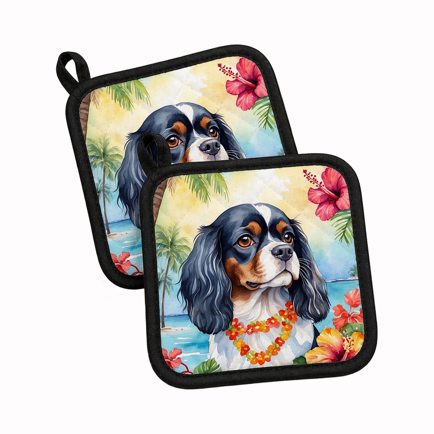 Cavalier Spaniel Luau Pot Holder Set of 2 Heat Resistant Quilted Hot Pads 7.5 x 7.5 Inch, Insulated Kitchen Trivets for Cooking & Baking
