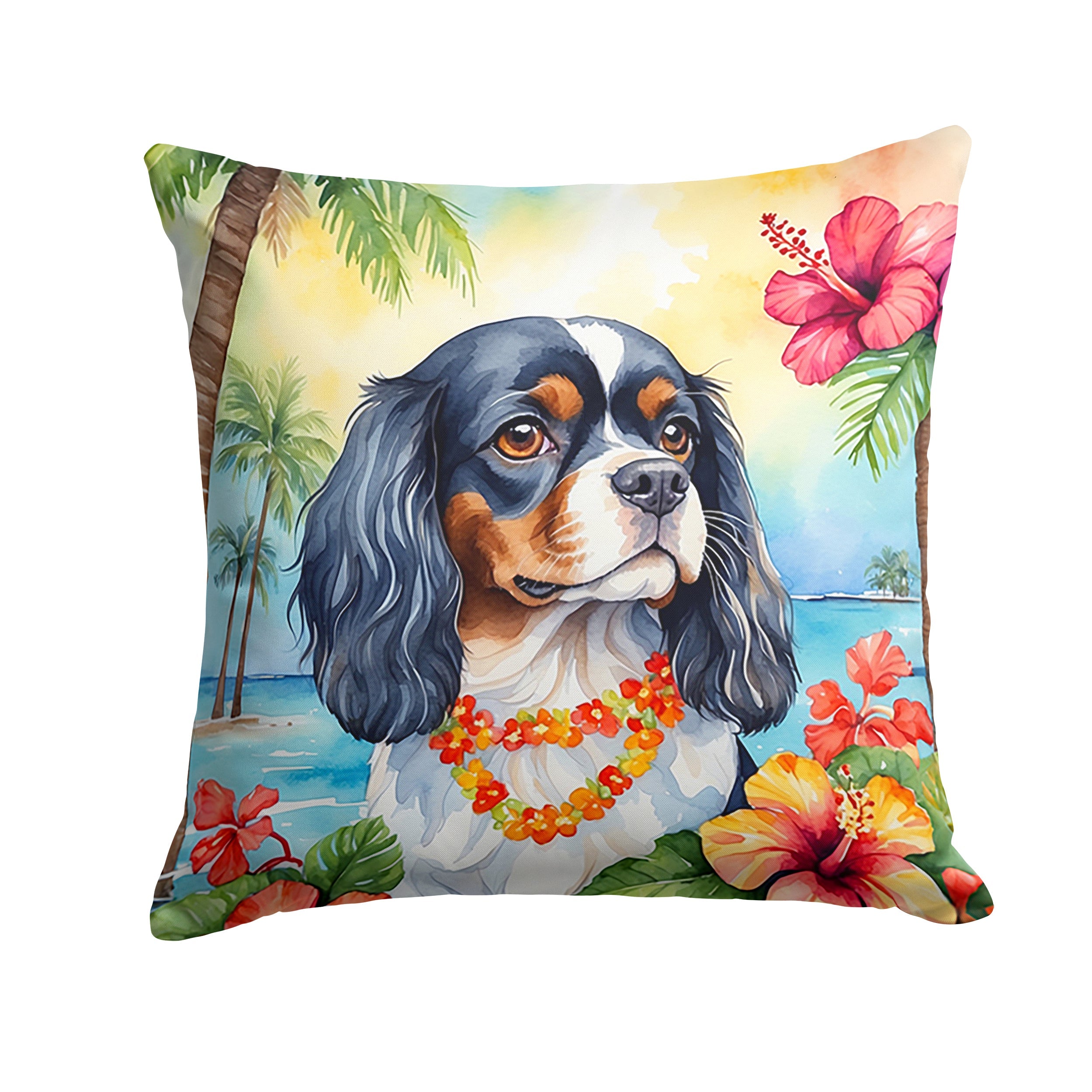 Cavalier Spaniel Luau Decorative Throw Pillow 14x14 Indoor Outdoor Accent Cushion, Fabric Cover with Insert for Sofa, Bed, Porch & Living Room