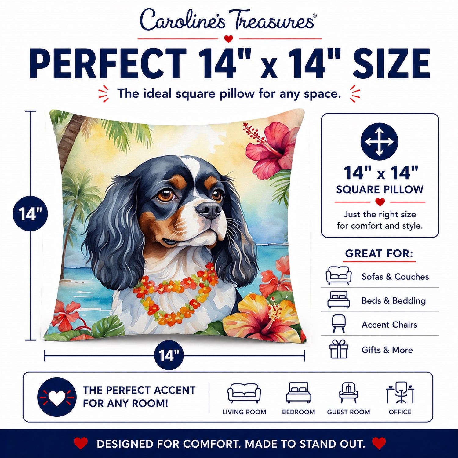 Cavalier Spaniel Luau Decorative Throw Pillow 14x14 Indoor Outdoor Accent Cushion, Fabric Cover with Insert for Sofa, Bed, Porch & Living Room