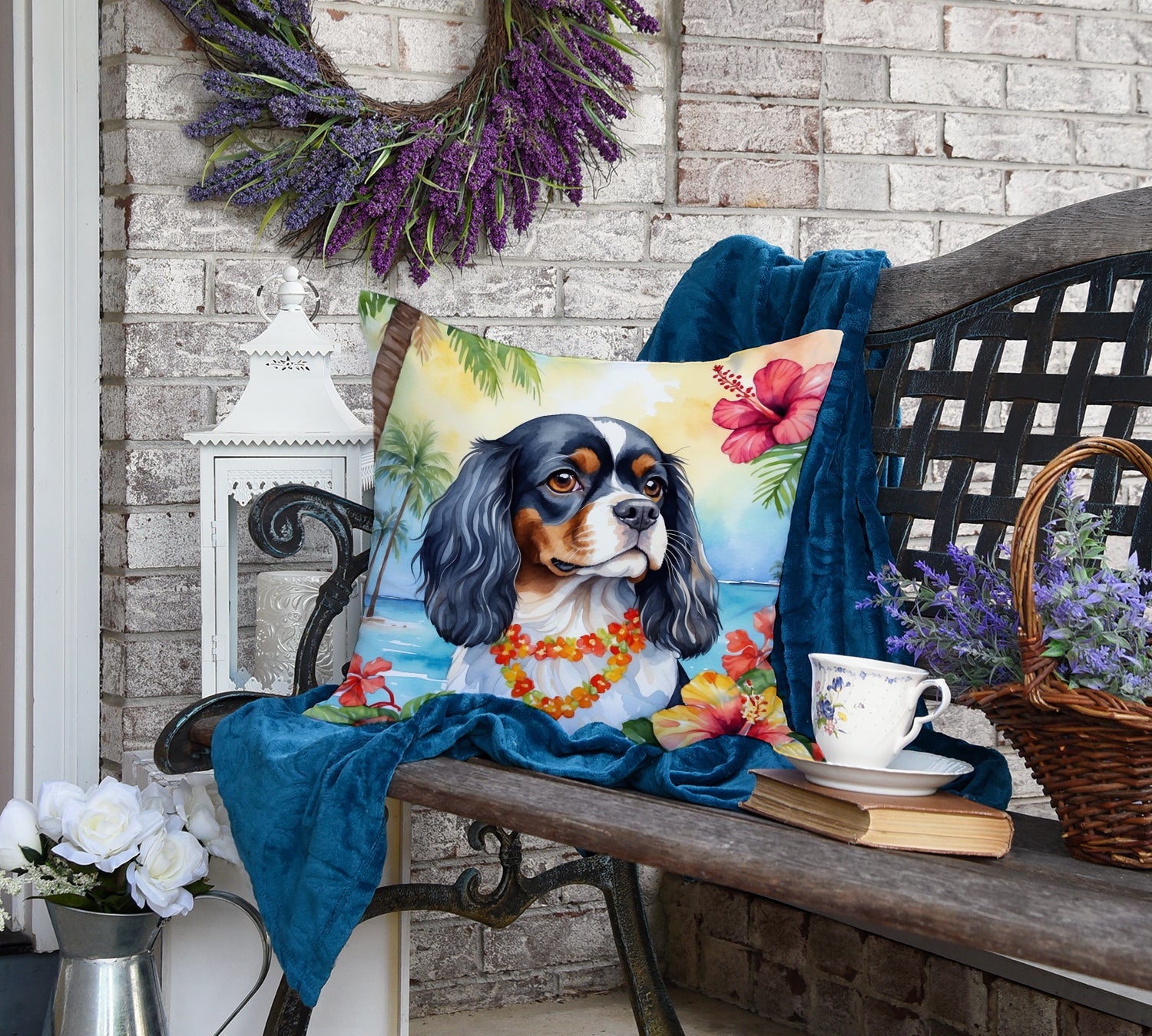 Cavalier Spaniel Luau Decorative Throw Pillow 18x18 Indoor Outdoor Accent Cushion, Fabric Cover with Insert for Sofa, Bed, Porch & Living Room