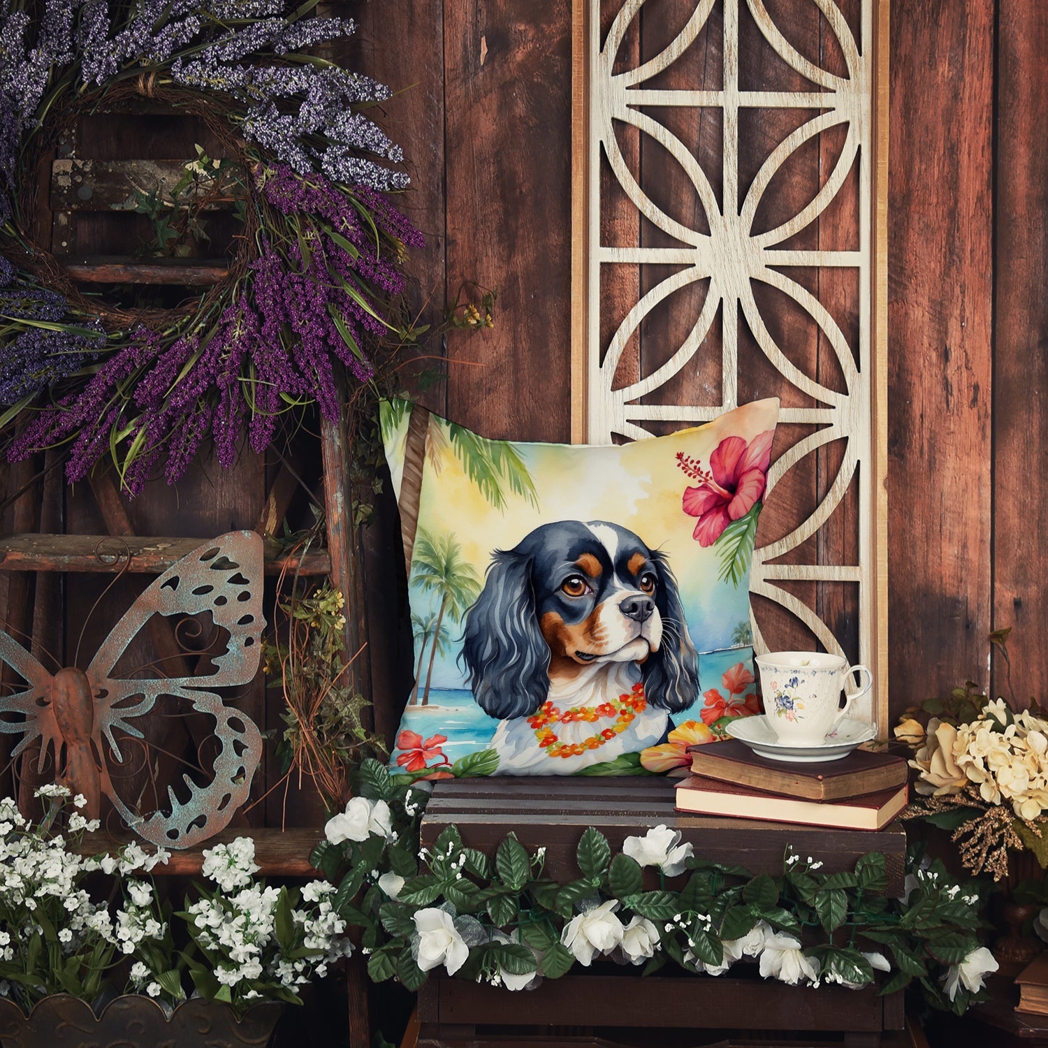 Cavalier Spaniel Luau Decorative Throw Pillow 18x18 Indoor Outdoor Accent Cushion, Fabric Cover with Insert for Sofa, Bed, Porch & Living Room
