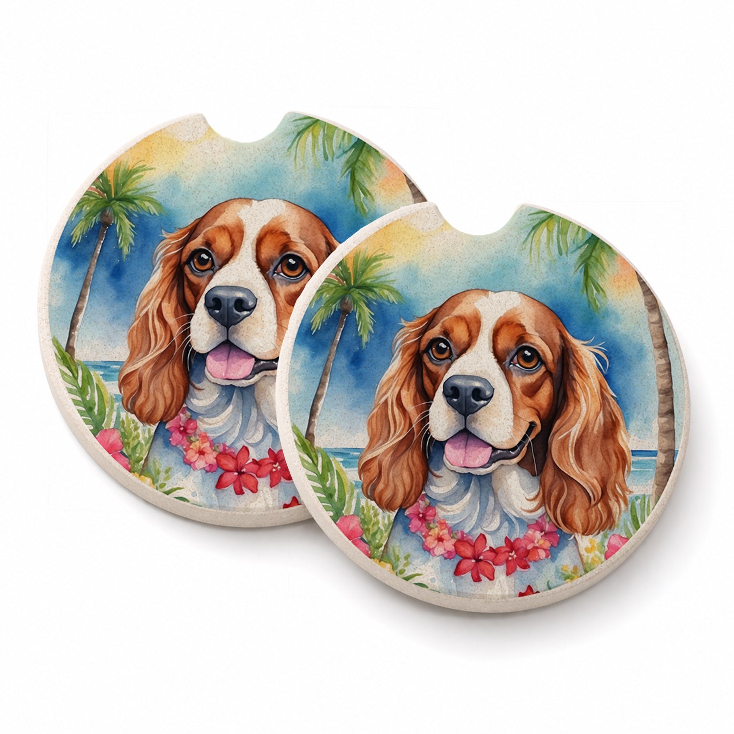 Cavalier Spaniel Luau Set of 2 Cup Holder Car Coasters Absorbent Round Sandstone Coasters Gifts for Men or Women, 2.5, Multicolor
