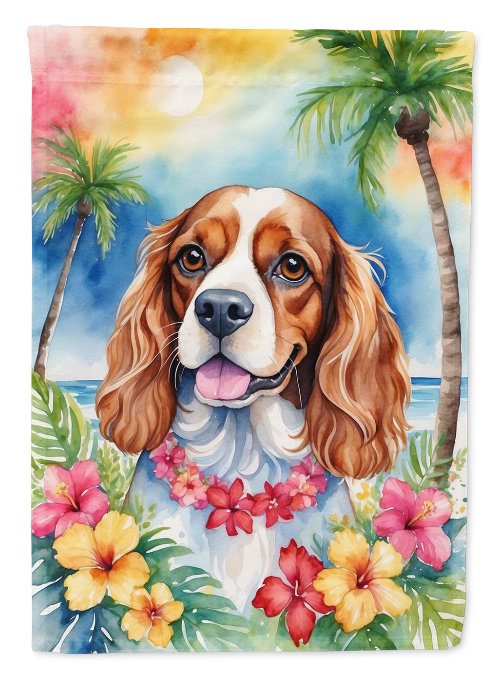 Cavalier Spaniel Luau House Flag 28x40 Porch Sleeve Pole Decorative Outside Yard Banner Artwork Wall Hanging, Polyester